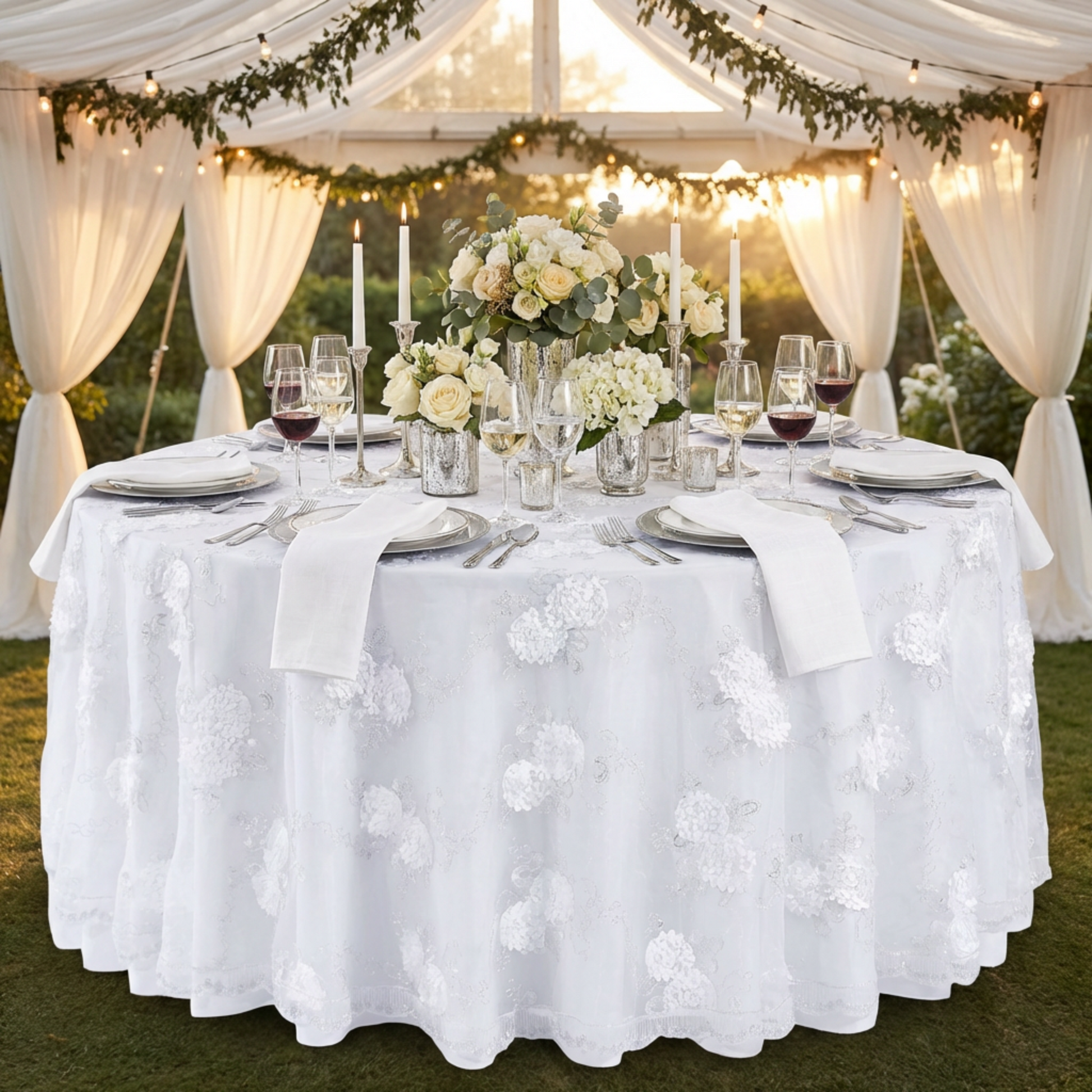 Vintage Veil Embroidery 108" Round Tablecloth/Overlay Topper White outdoor paired with floral centerpieces, wine glasses and silver charger plates
