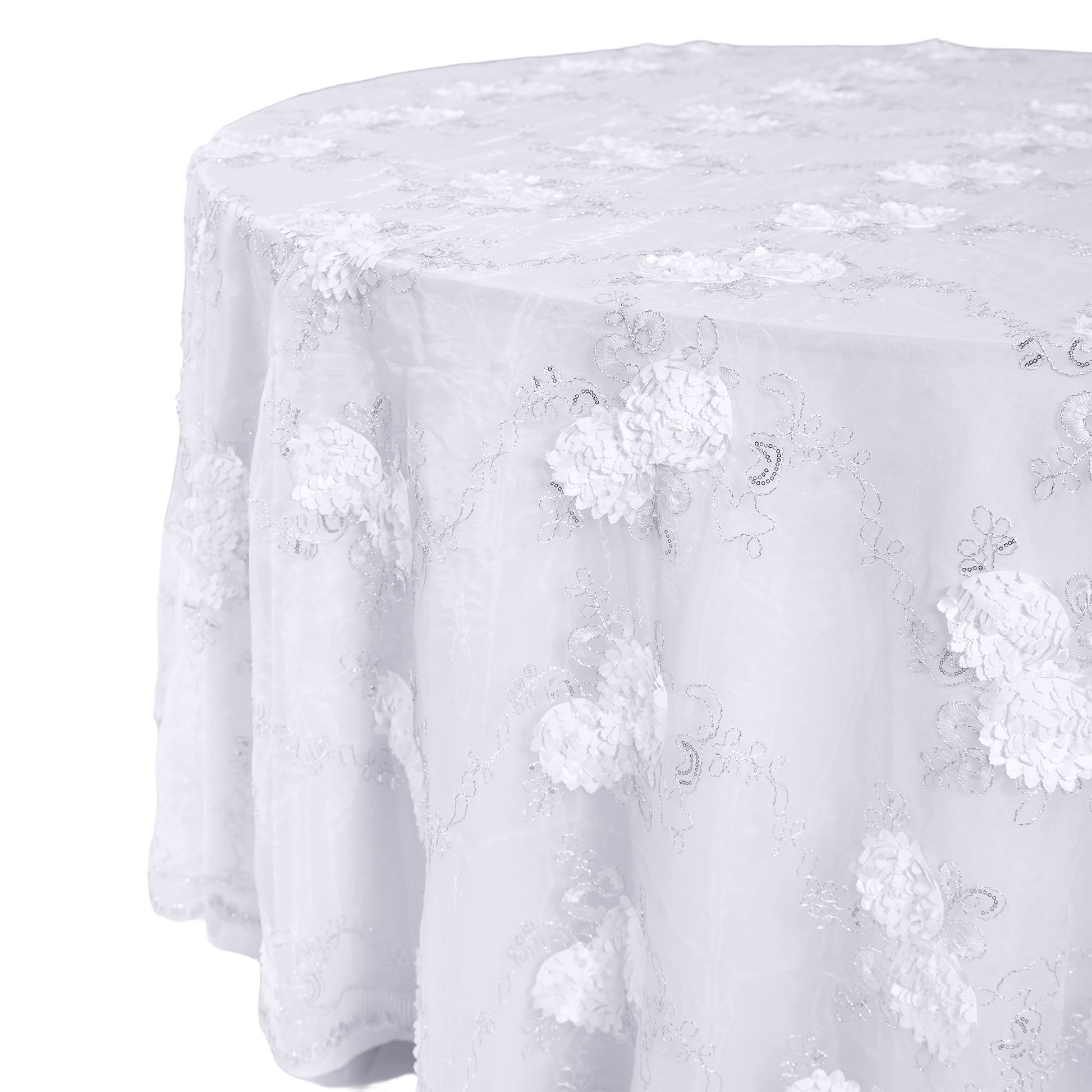 Vintage Veil Embroidery 108" Round Tablecloth/Overlay Topper White side view