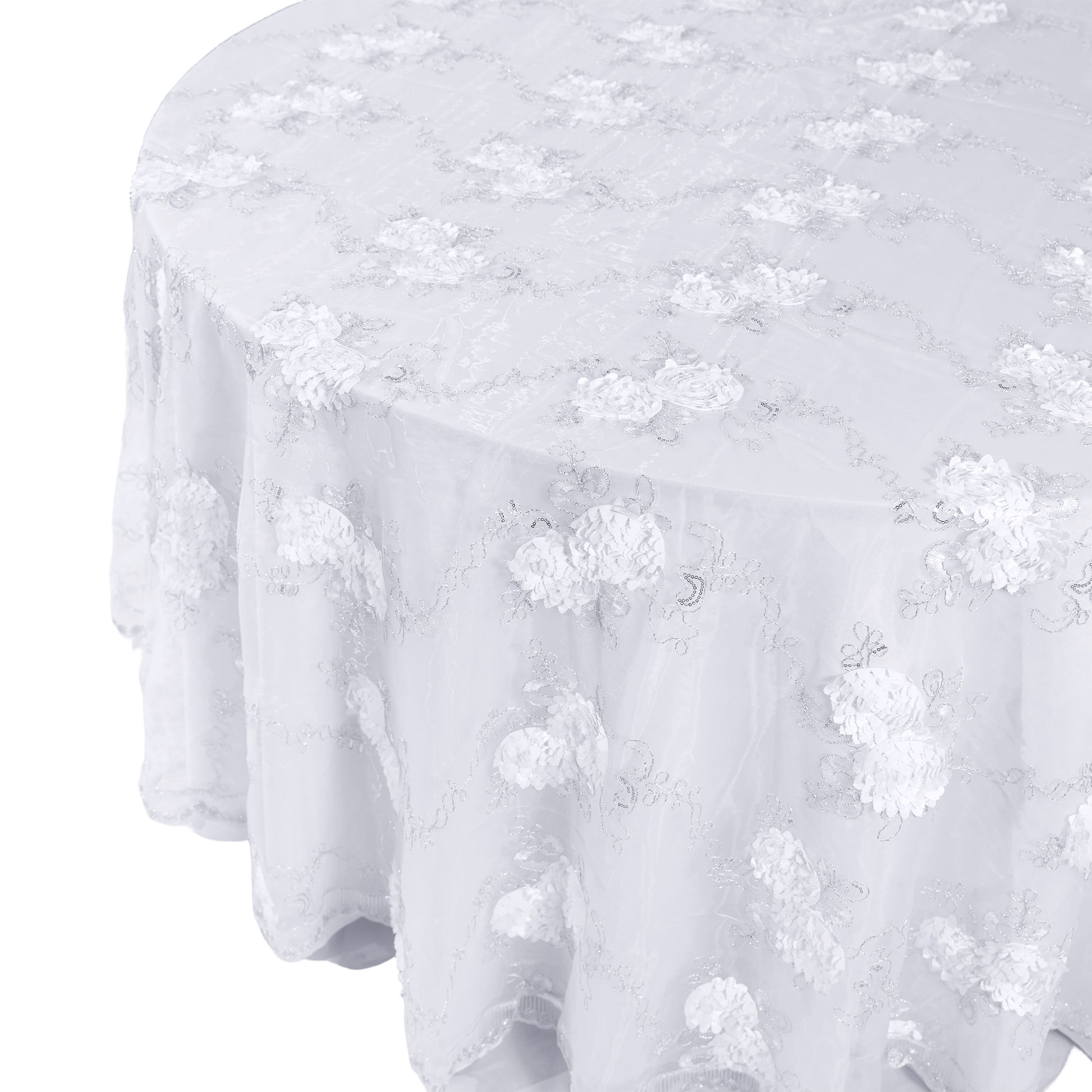Vintage Veil Embroidery 108" Round Tablecloth/Overlay Topper White top view
