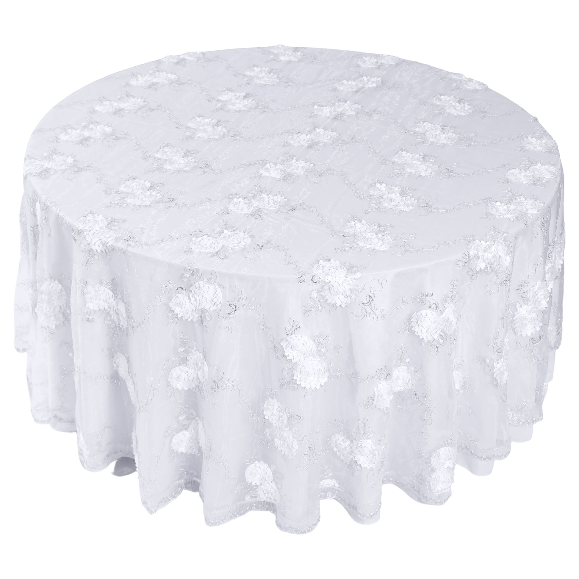 Vintage Veil Embroidery 108" Round Tablecloth/Overlay Topper White top view