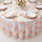 Vintage Veil Embroidery 108" Round Tablecloth/Overlay Topper - Blush/Rose Gold paired with blush rose gold charger plates, and wine glasses