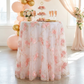 Vintage Veil Embroidery 108" Round Tablecloth/Overlay Topper  Blush/Rose Gold on a cocktail table with desserts, and wine glasses