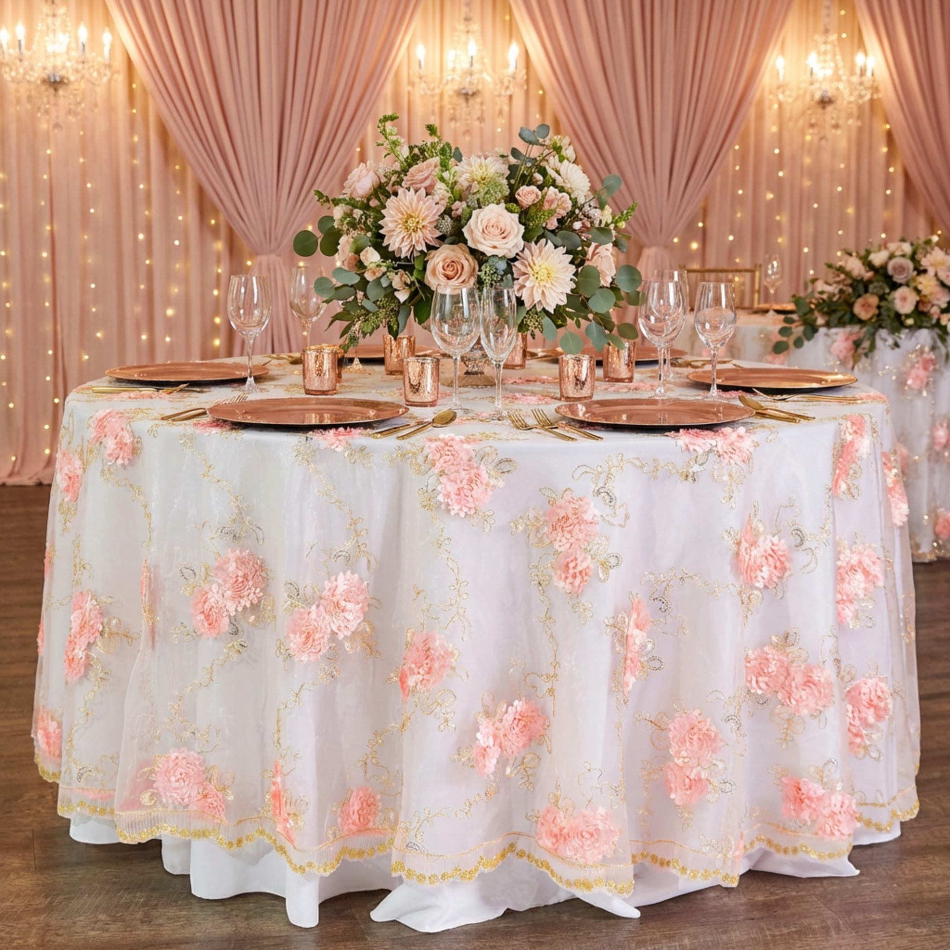 Vintage Veil Embroidery 108" Round Tablecloth/Overlay Topper Blush/Rose Gold on top a white tablecloth with blush/rose gold charger plates, and wine glasses