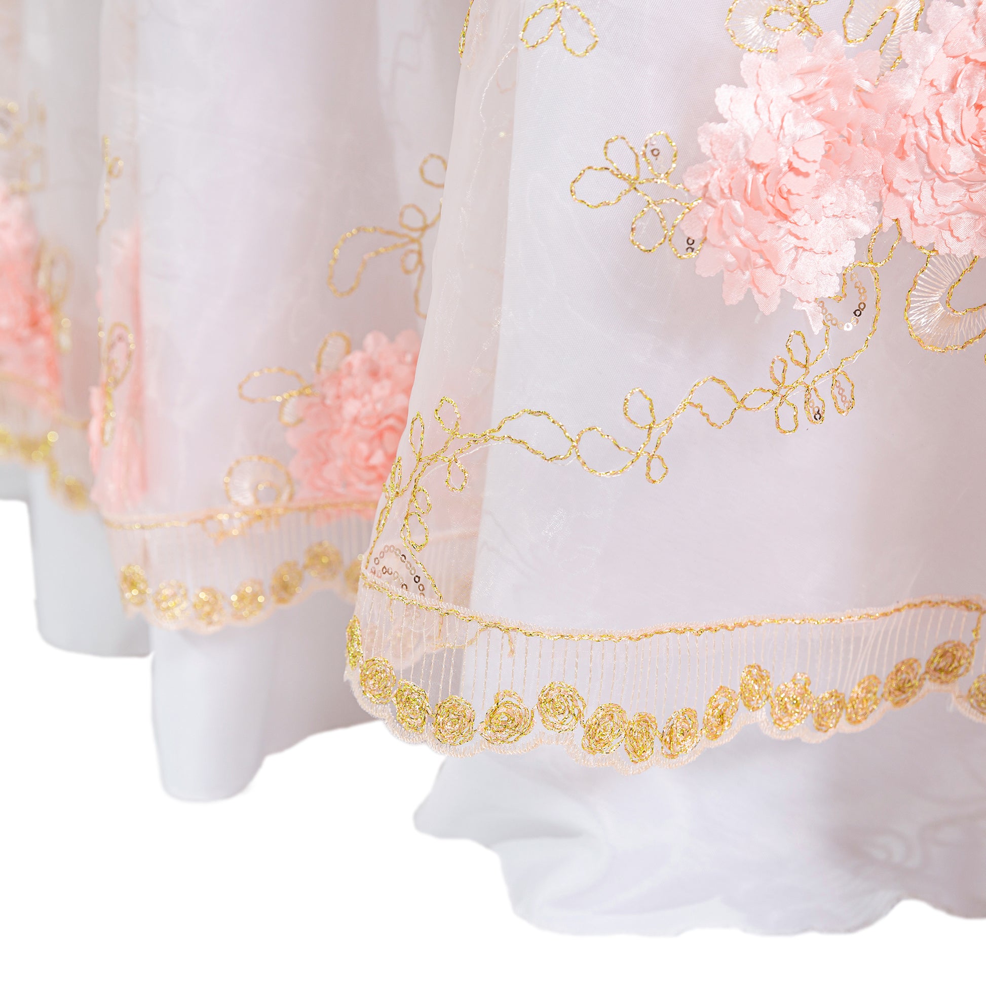 Vintage Veil Embroidery 120" Round Tablecloth/Overlay Blush/Rose Gold edge trim close up