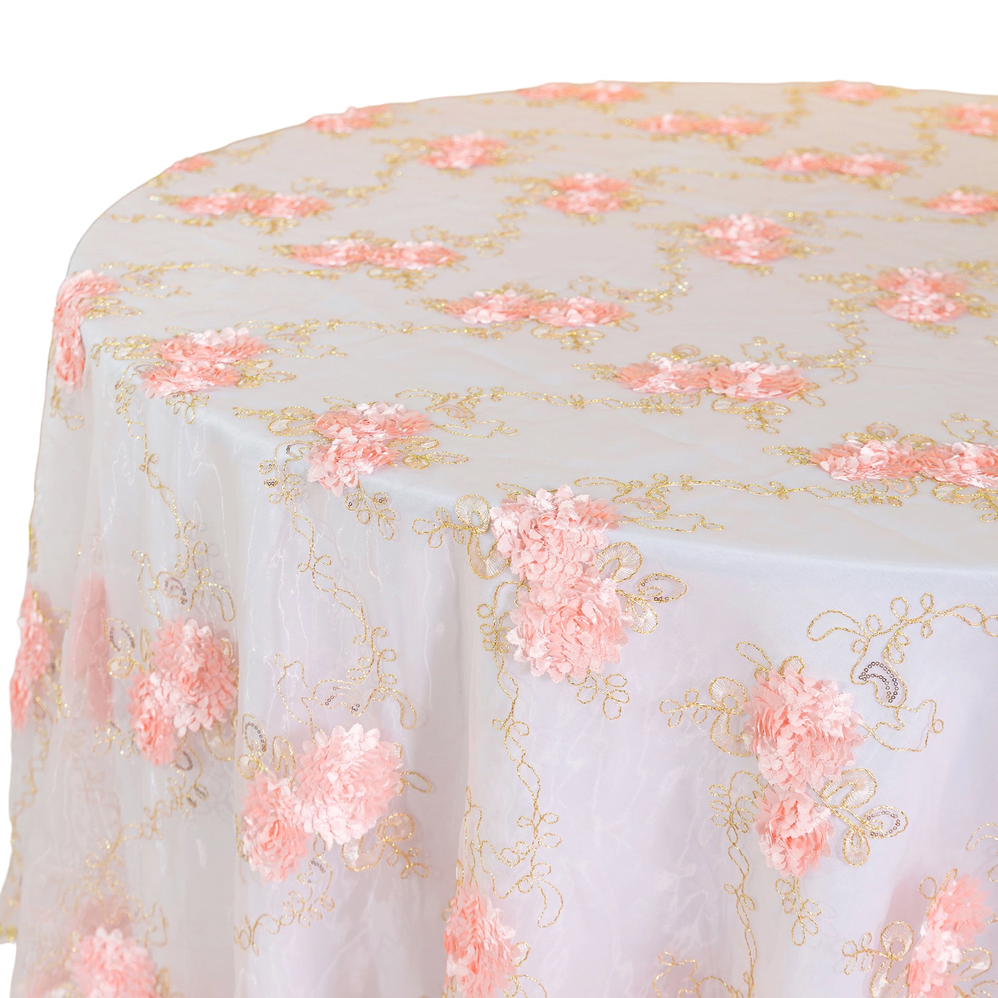 Vintage Veil Embroidery 120" Round Tablecloth/Overlay Blush/Rose Gold top view