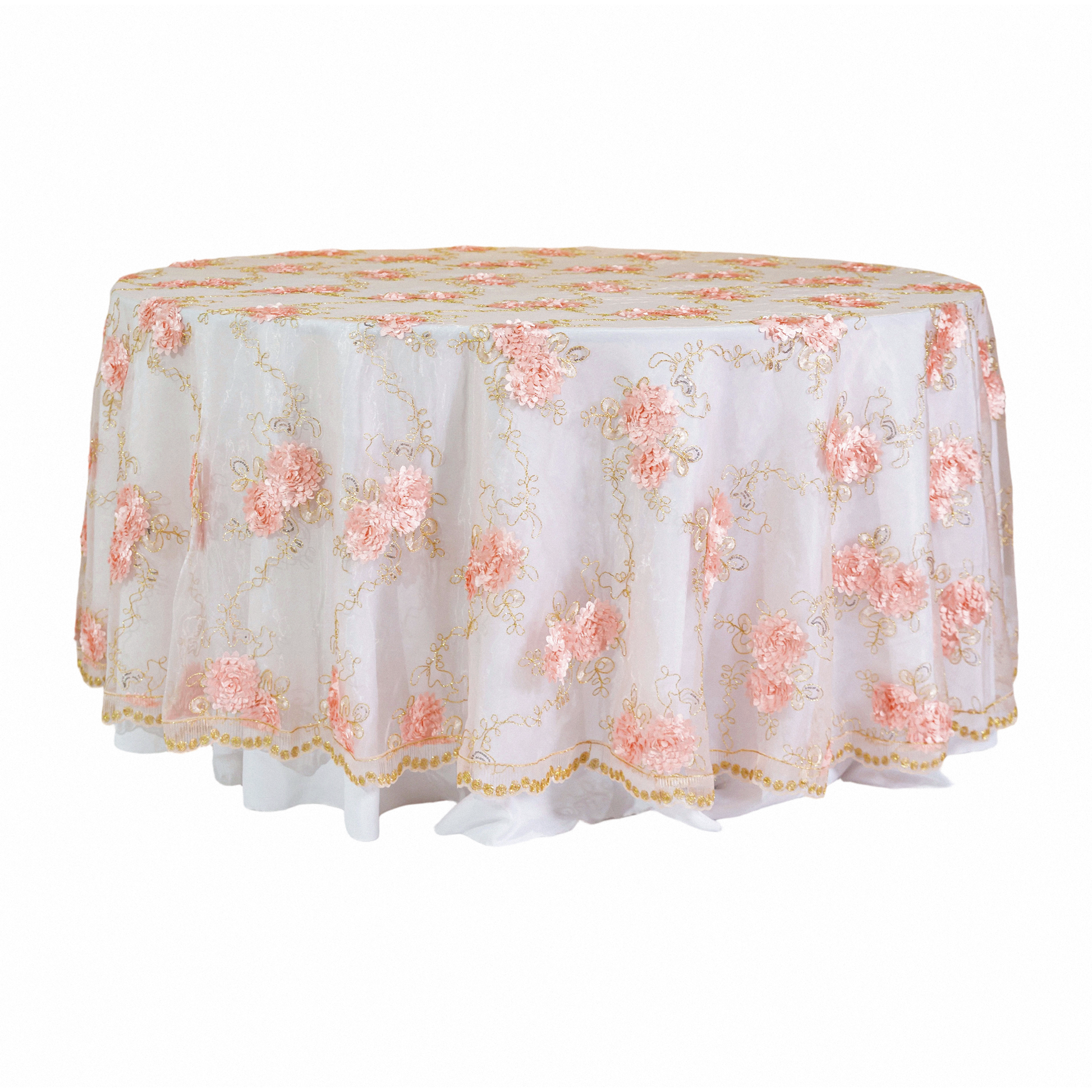 Vintage Veil Embroidery 120" Round Tablecloth/Overlay Blush/Rose Gold on a 60" round table