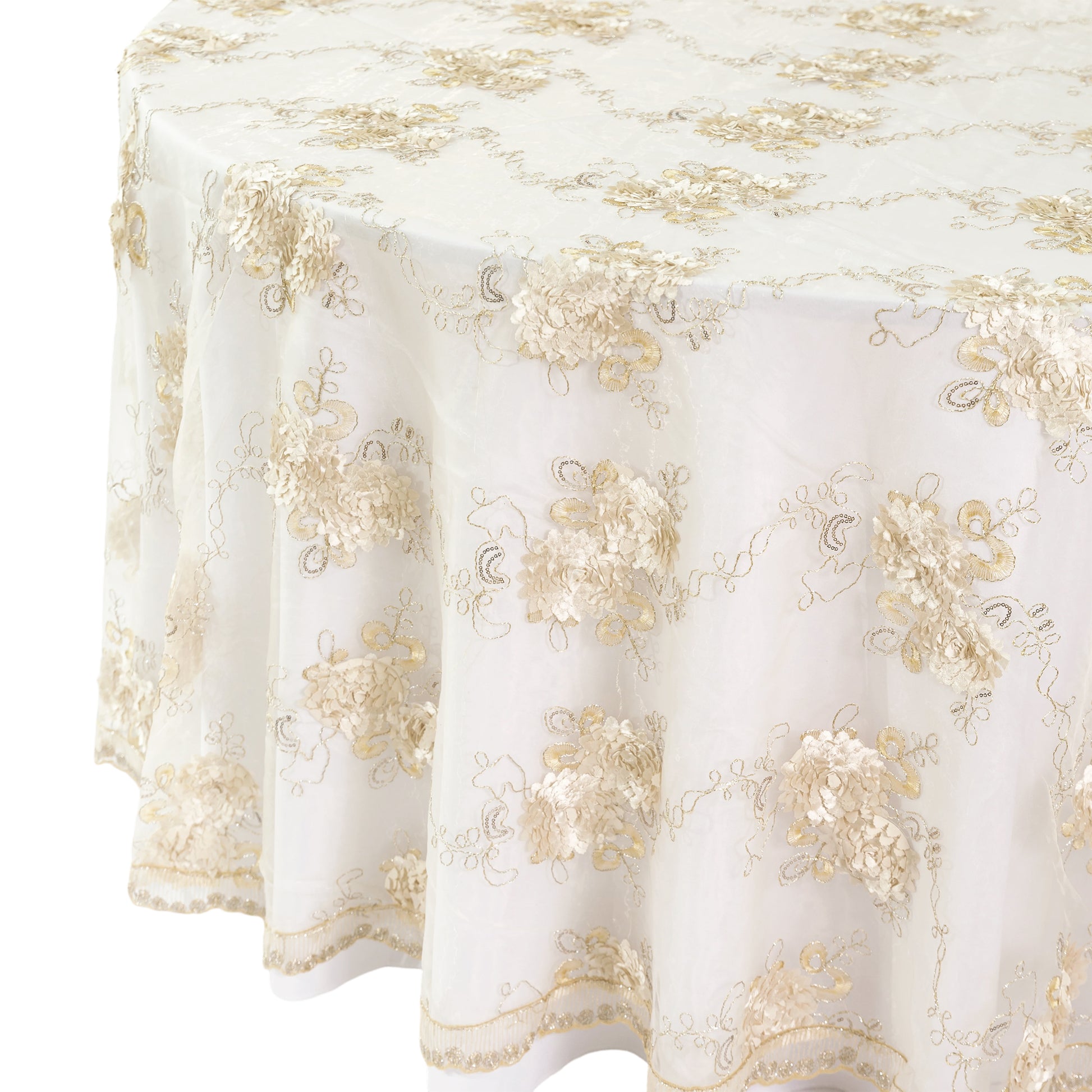 Vintage Veil Embroidery 120" Round Tablecloth/Overlay Topper Champagne side view