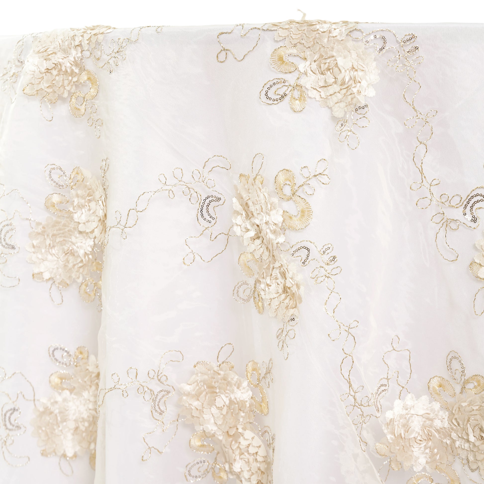 Vintage Veil Embroidery 120" Round Tablecloth/Overlay Topper Champagne close up