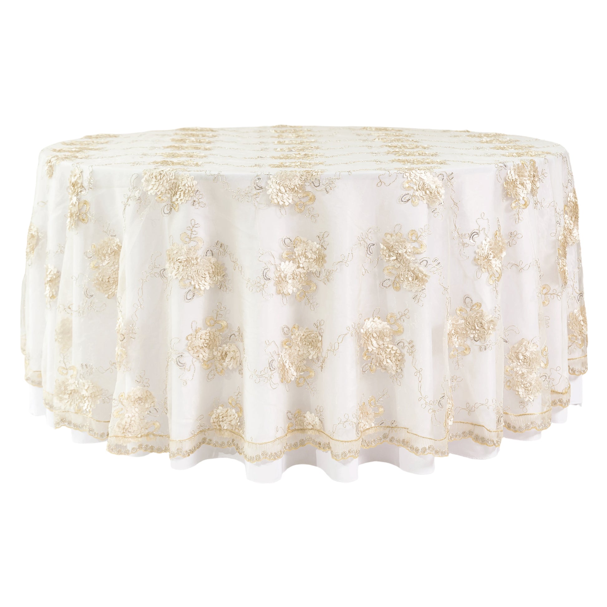 Vintage Veil Embroidery 120" Round Tablecloth/Overlay Topper Champagne front view
