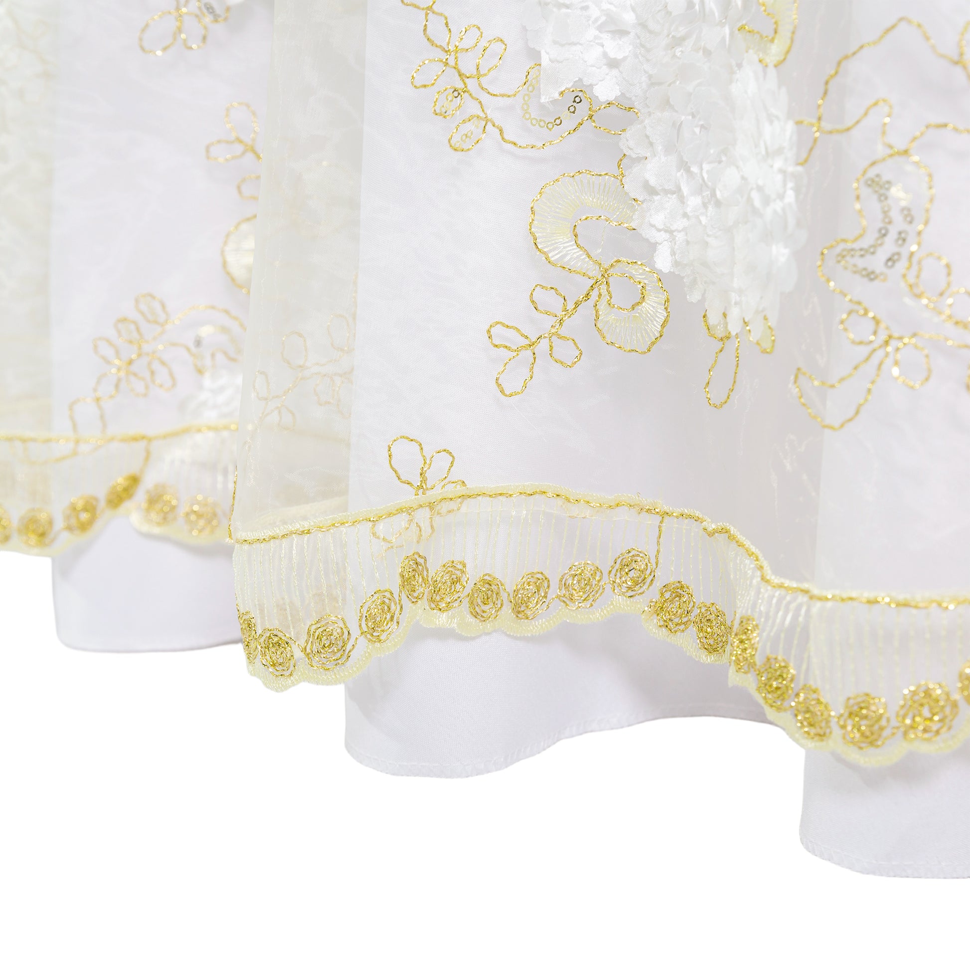 Vintage Veil Embroidery 120" Round Tablecloth/Overlay Topper Gold/Ivory patern design details close up