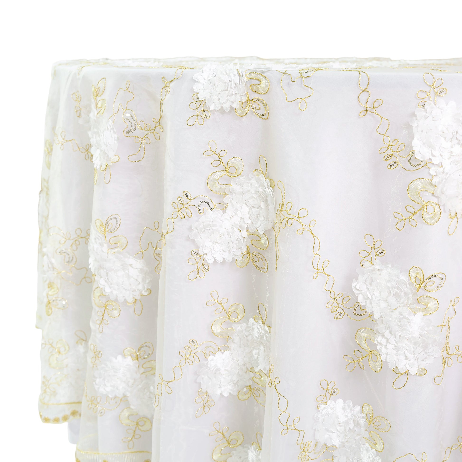 Vintage Veil Embroidery 120" Round Tablecloth/Overlay Topper Gold/Ivory close up
