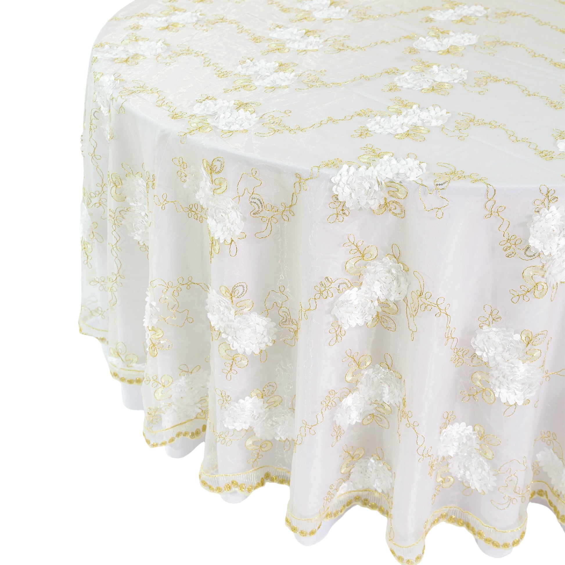 Vintage Veil Embroidery 120" Round Tablecloth/Overlay Topper Gold/Ivory side view