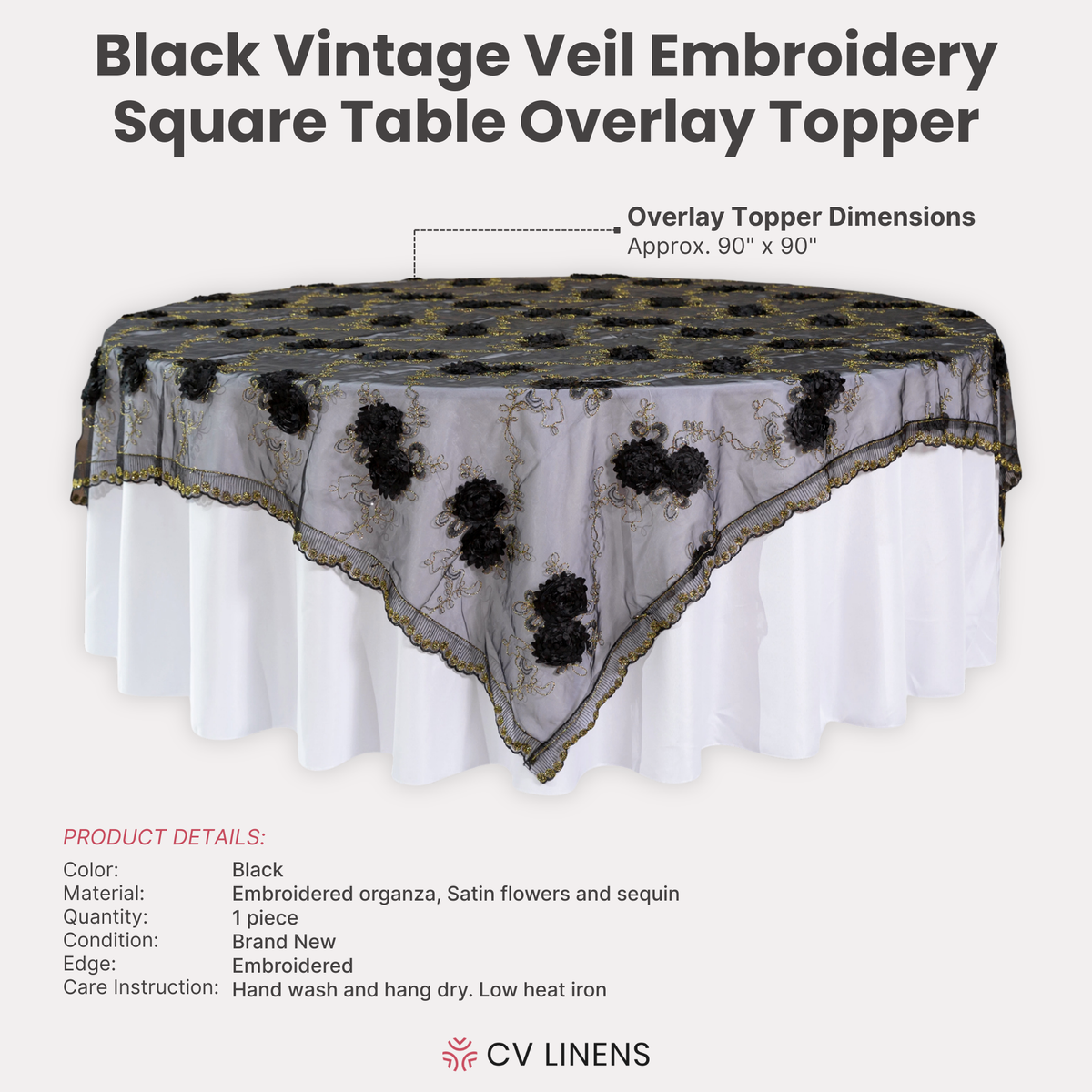 Vintage Veil Embroidery 90"x90" Square Table Overlay Topper Black infographic showing product dimensions
