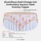 Vintage Veil Embroidery 90"x90" Square Table Overlay Topper Blush/Rose Gold infographic showing product dimensions
