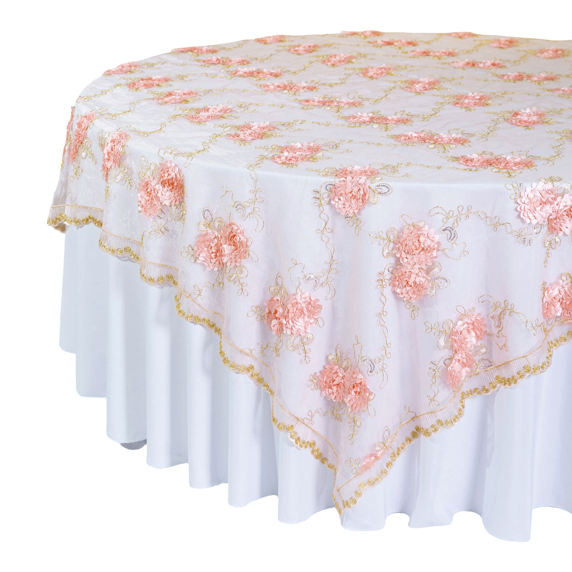 Vintage Veil Embroidery 90"x90" Square Table Overlay Topper Blush/Rose Gold