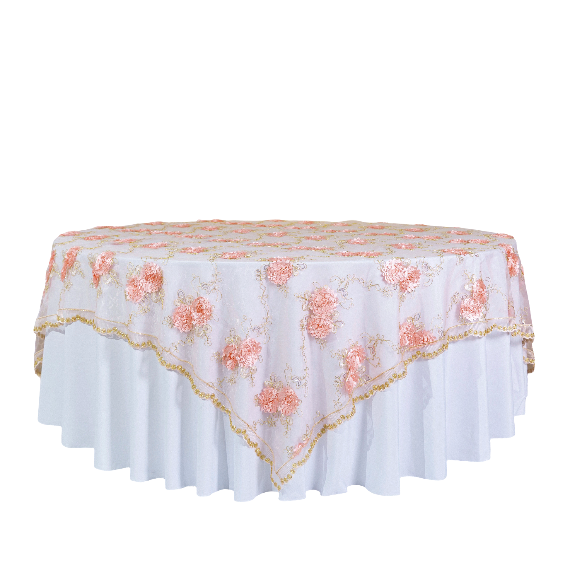 Vintage Veil Embroidery 90"x90" Square Table Overlay Topper - Blush/Rose Gold