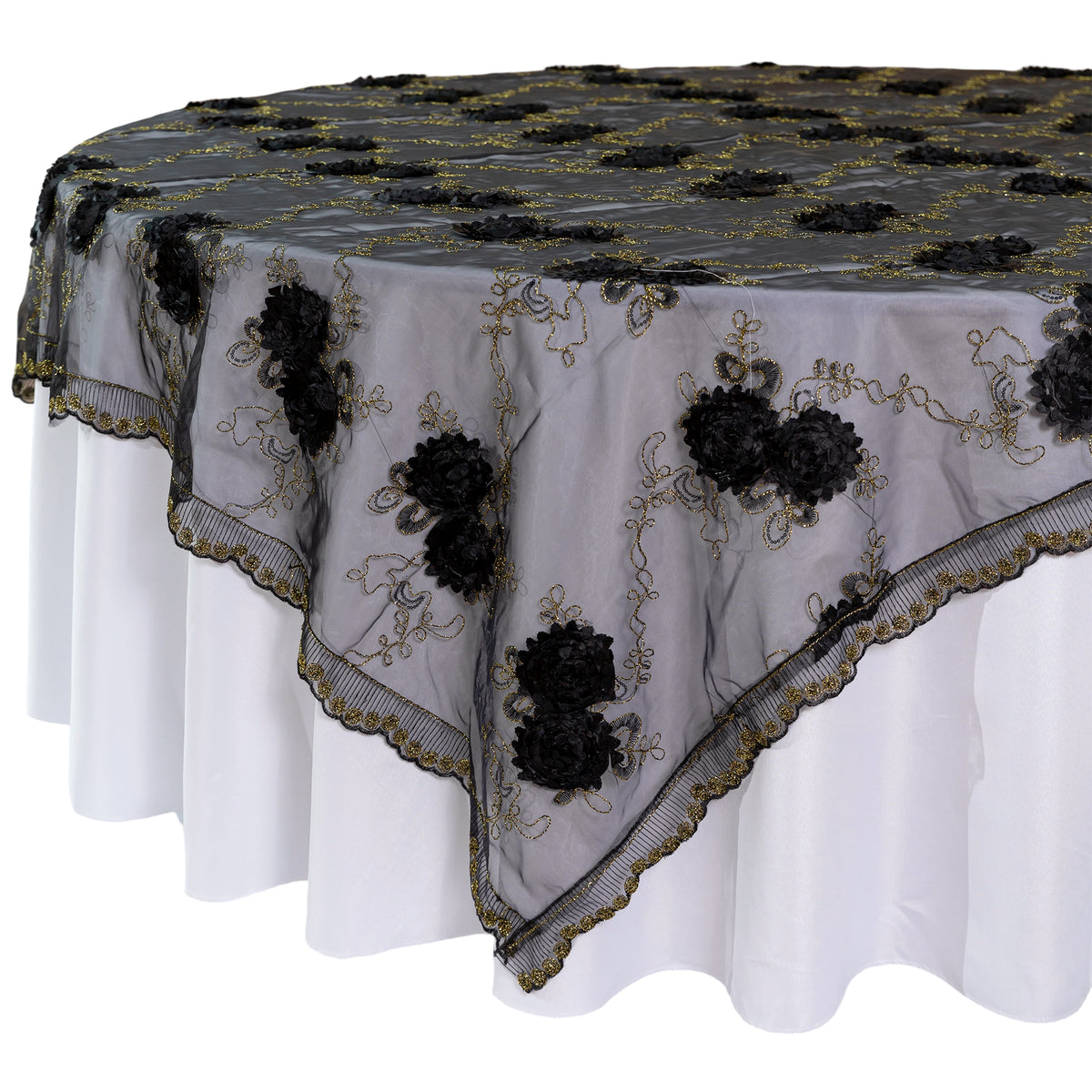 Vintage Veil Embroidery 90"x90" Square Table Overlay Topper Black corner drop