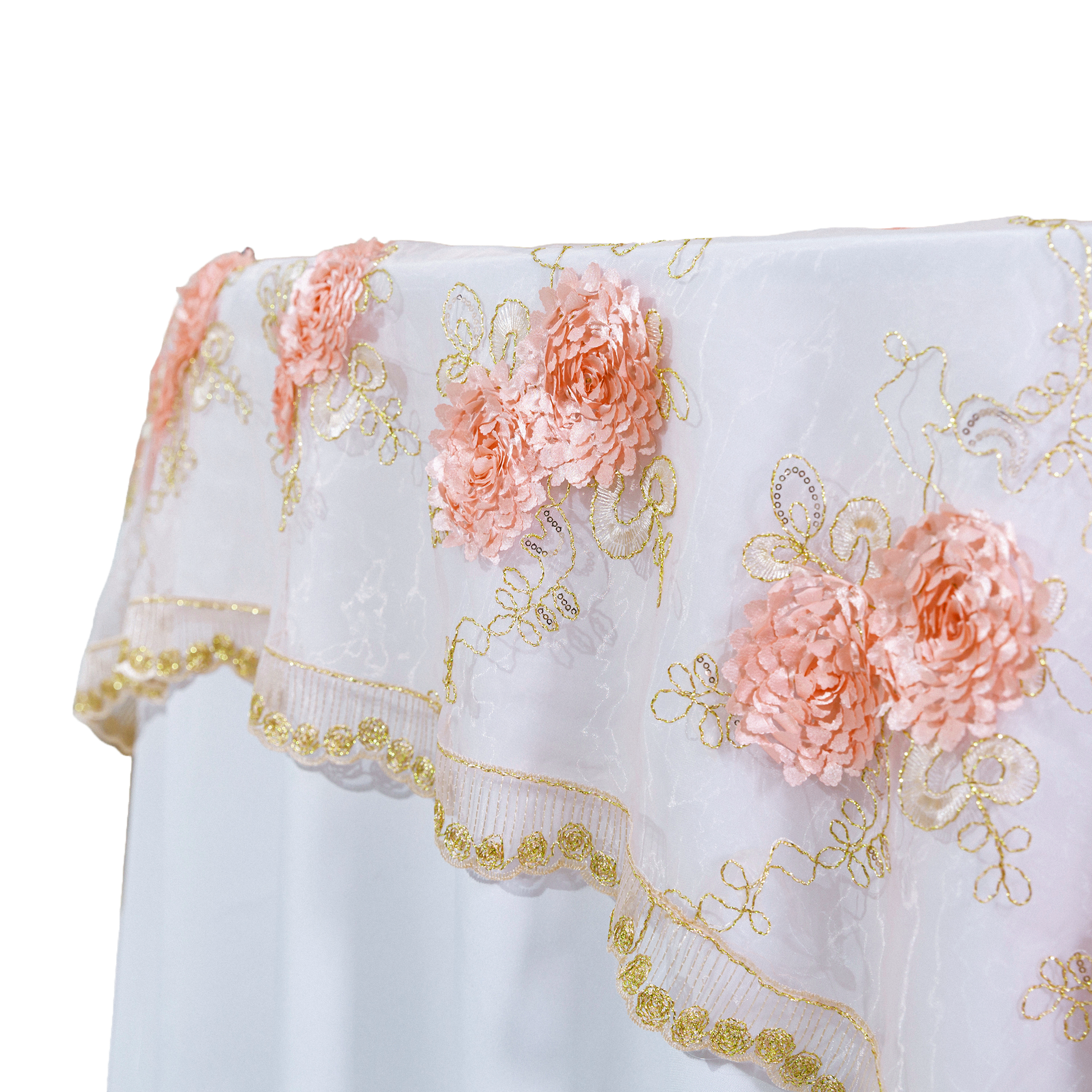 Vintage Veil Embroidery 90"x90" Square Table Overlay Topper Blush/Rose Gold side view close up