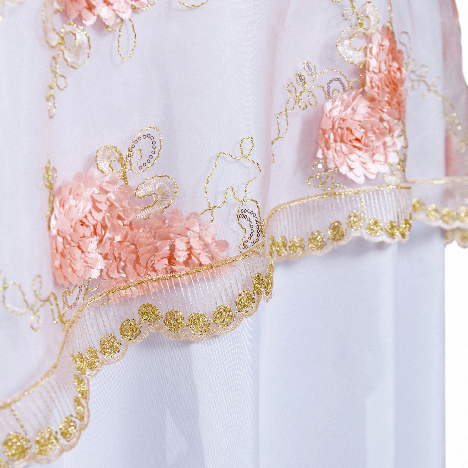 Vintage Veil Embroidery 90"x90" Square Table Overlay Topper Blush/Rose Gold edge detail close up