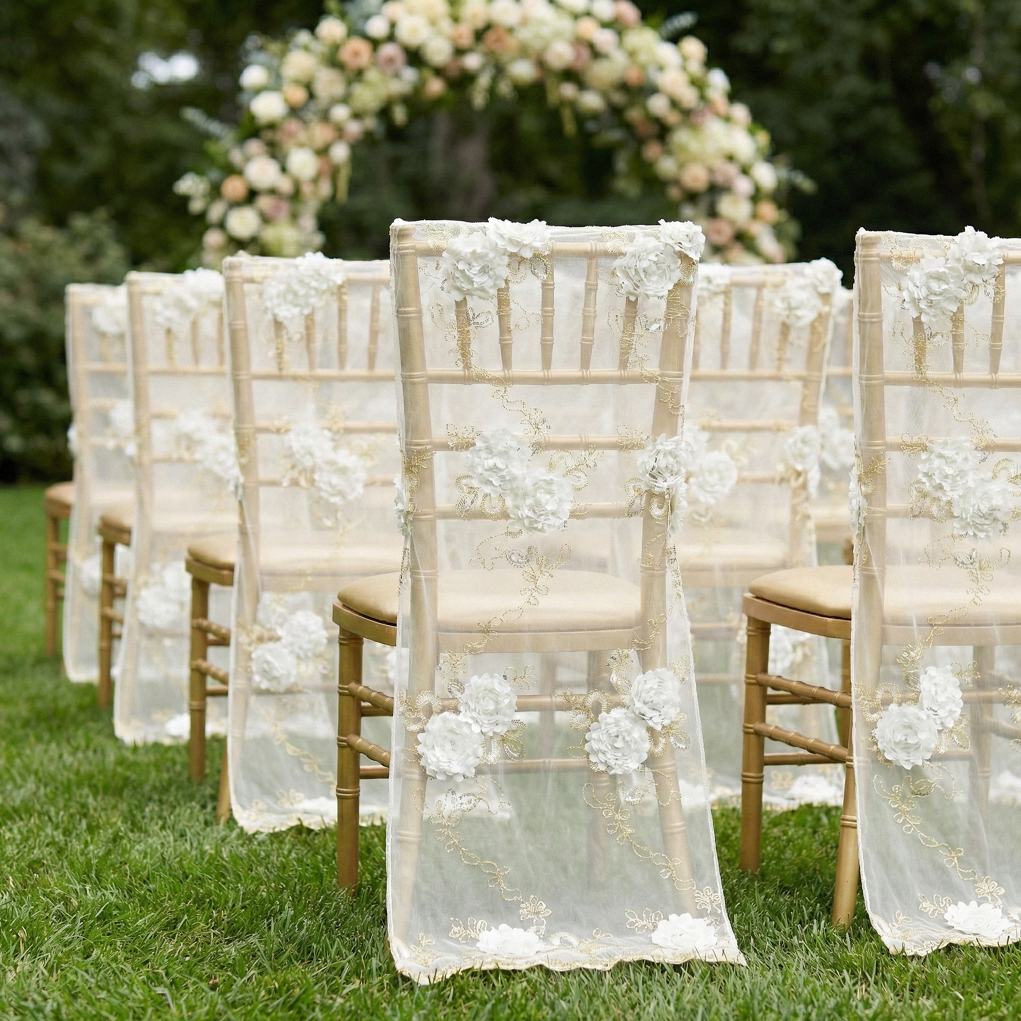Vintage Veil Chiavari Chair Full Back Cover - Gold & Ivory - CV Linens™