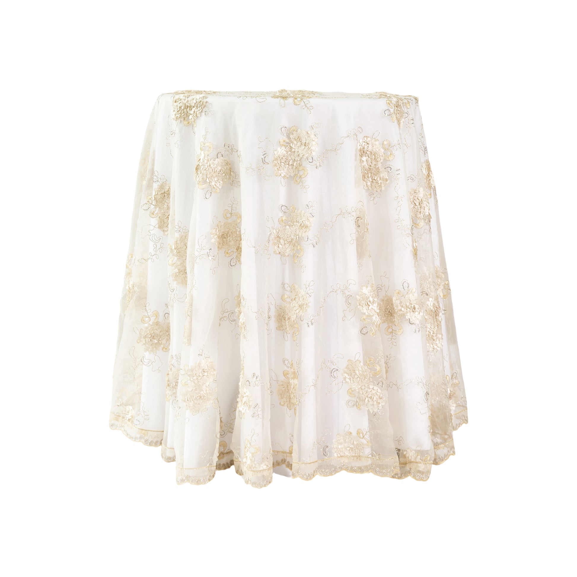 Vintage Veil Embroidery 120" Round Tablecloth/Overlay Topper Champagne on a highboy/cocktail table
