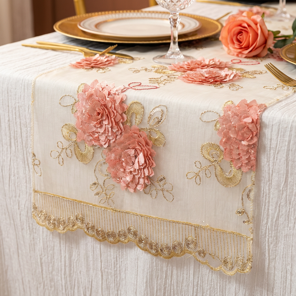 Vintage Veil Embroidery Table Runner - Blush/Rose Gold - CV Linens™