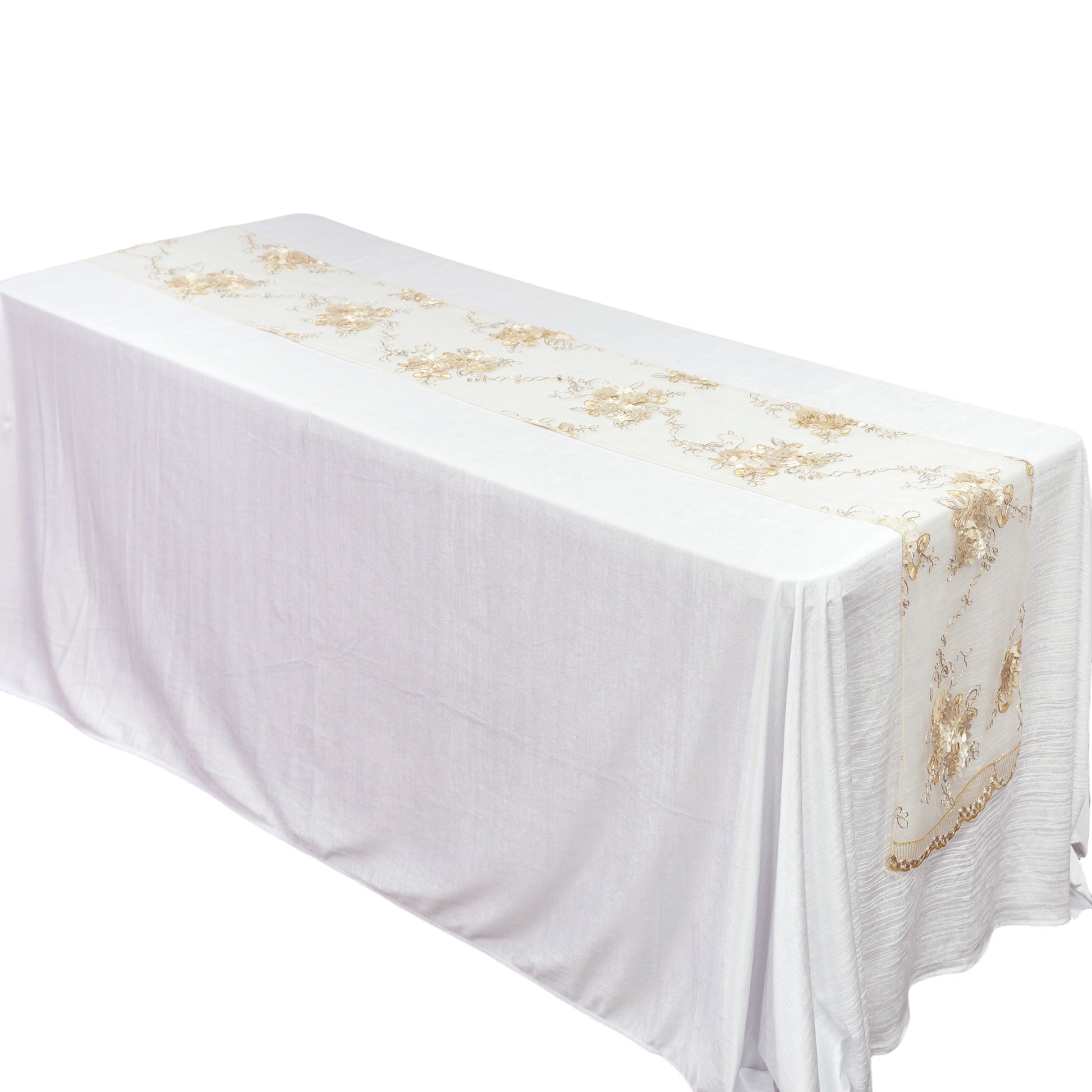 Vintage Veil Embroidery Table Runner Champagne ontop a white tablecloth