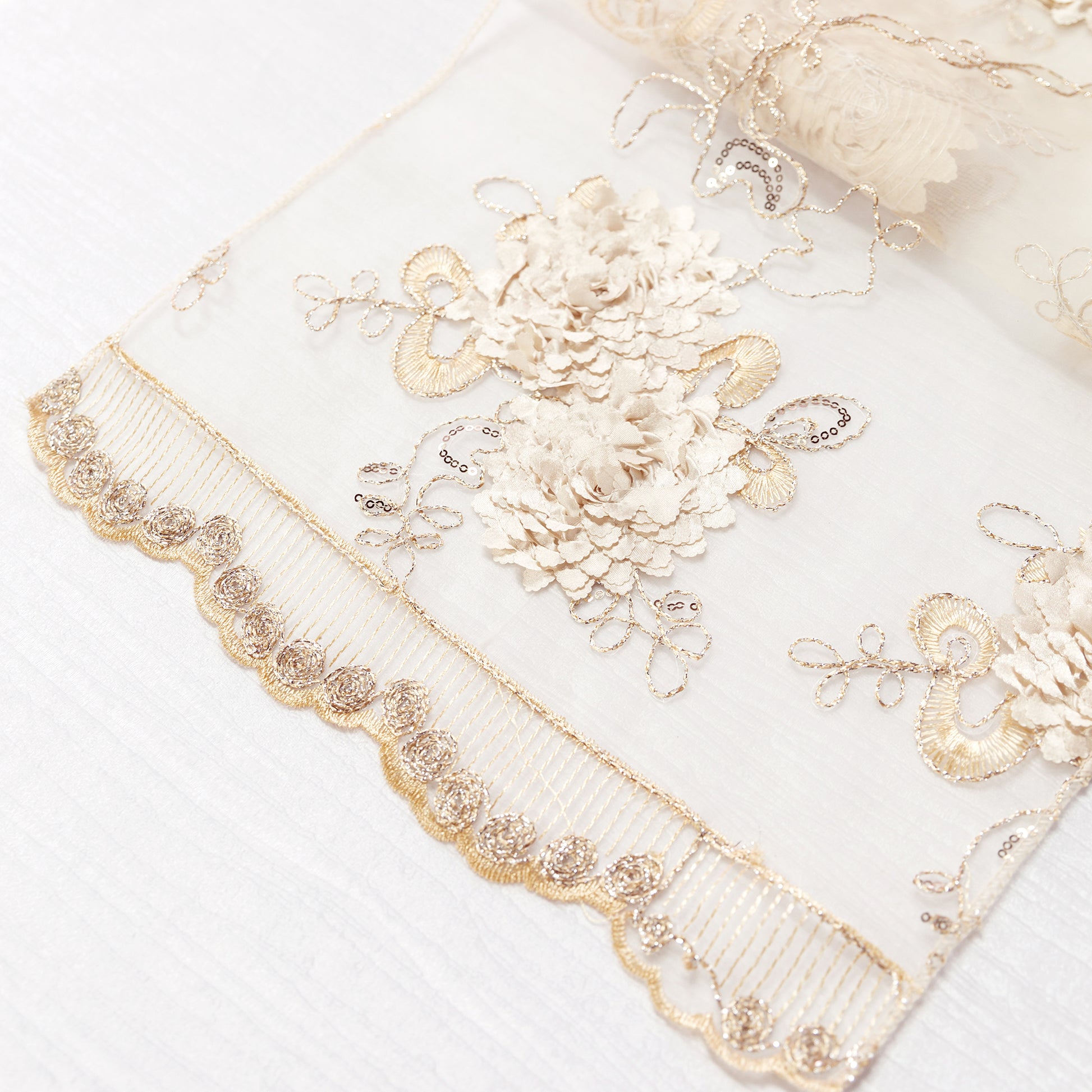Vintage Veil Embroidery Table Runner Champagne edge close up