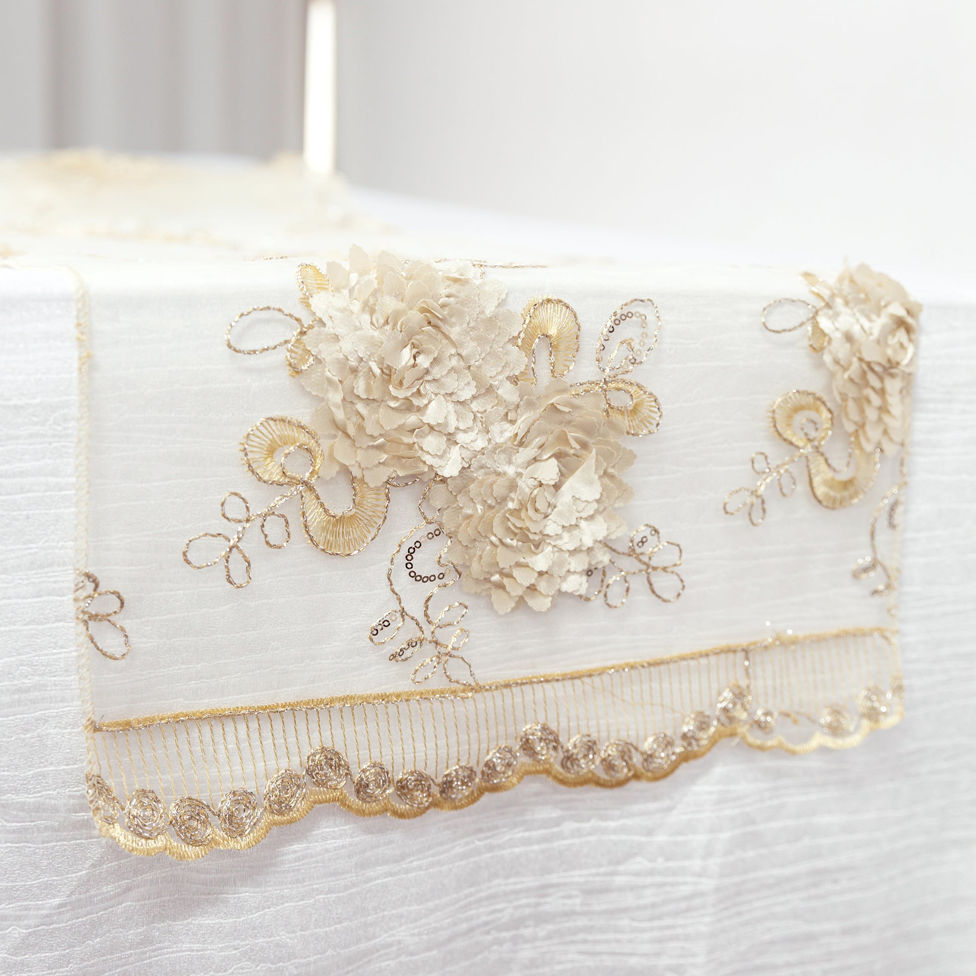 Vintage Veil Embroidery Table Runner Champagne detailed close up