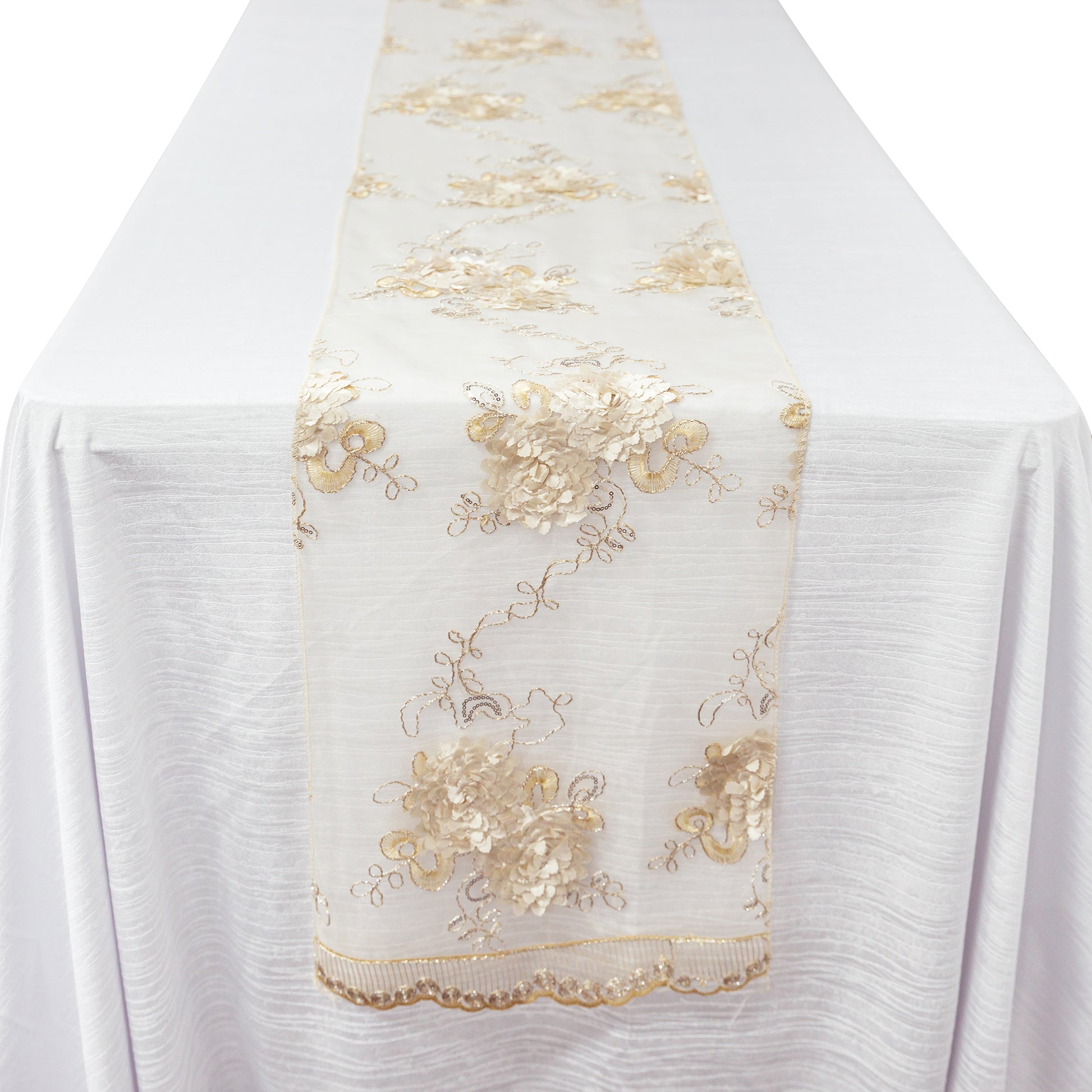 Vintage Veil Embroidery Table Runner Champagne end hang over