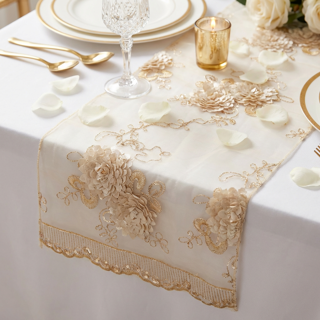 Vintage Veil Embroidery Table Runner Champagne laid over a white 90"x156" polyester tablecloth with gold/white charger plates, wine glasses and tea light candles