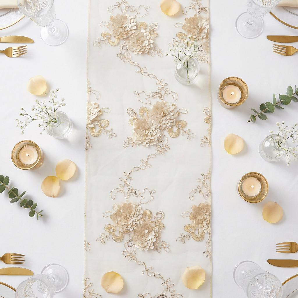 Vintage Veil Embroidery Table Runner Champagne close overview with tealight candles and floral petals