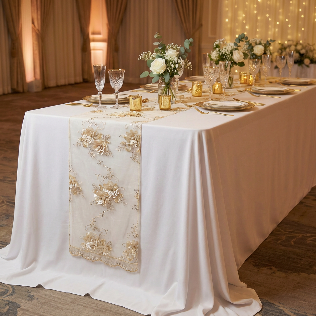 Vintage Veil Embroidery Table Runner Champagne laid over a ivory 90"x156" polyester tablecloth with gold chargers, wine glasses and tea light candles