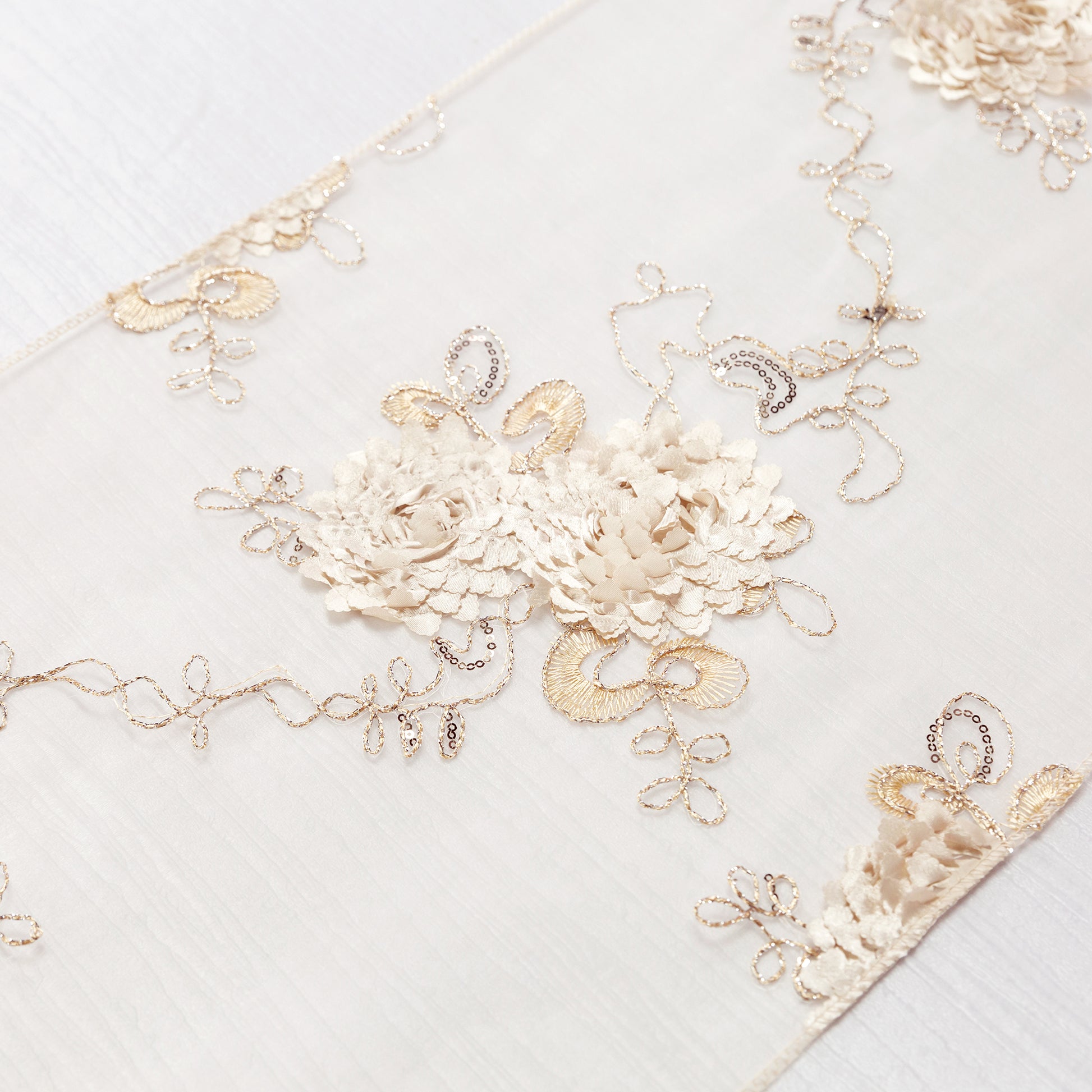 Vintage Veil Embroidery Table Runner Champagne serged edge finish