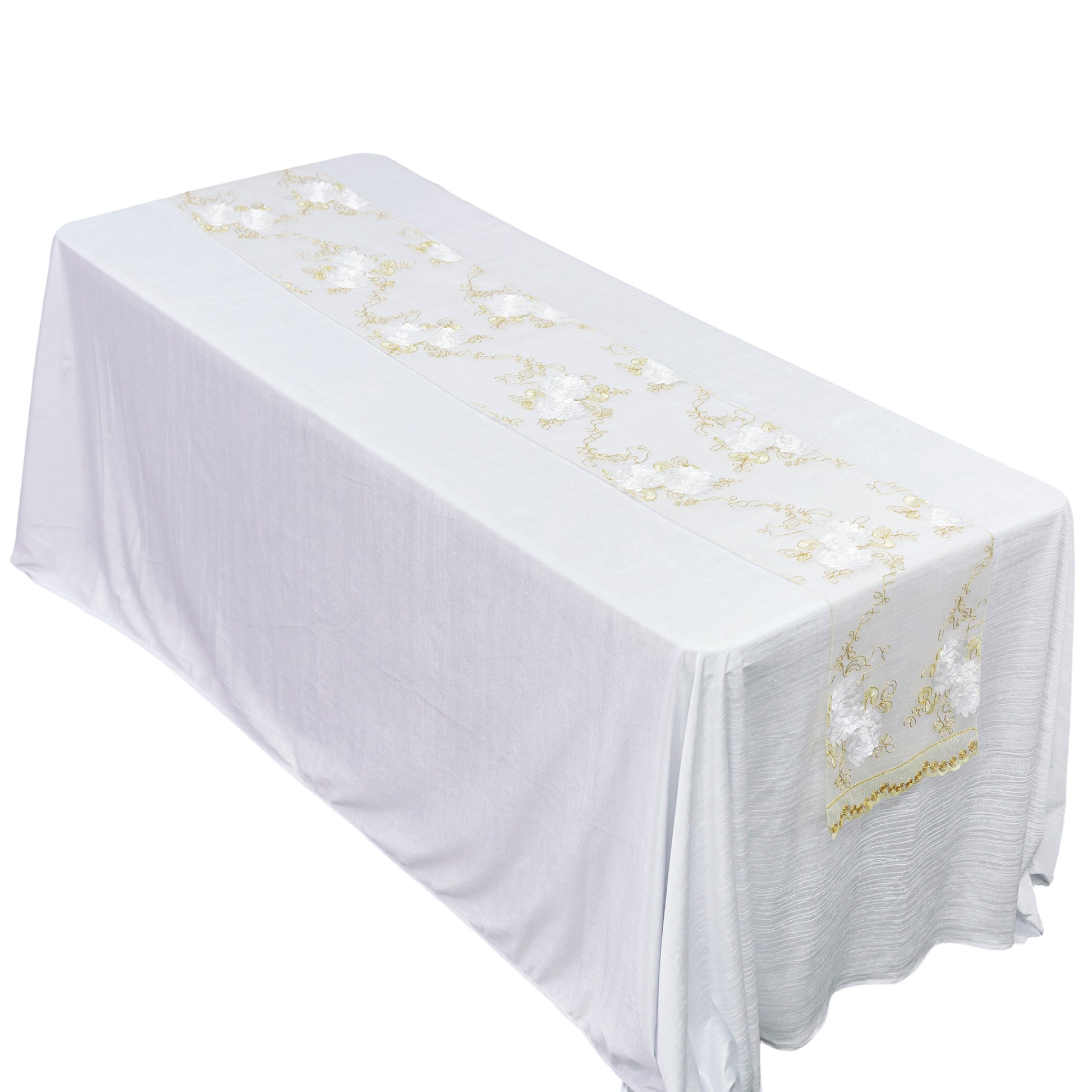 Vintage Veil Embroidery Table Runner Gold/Ivory angled view