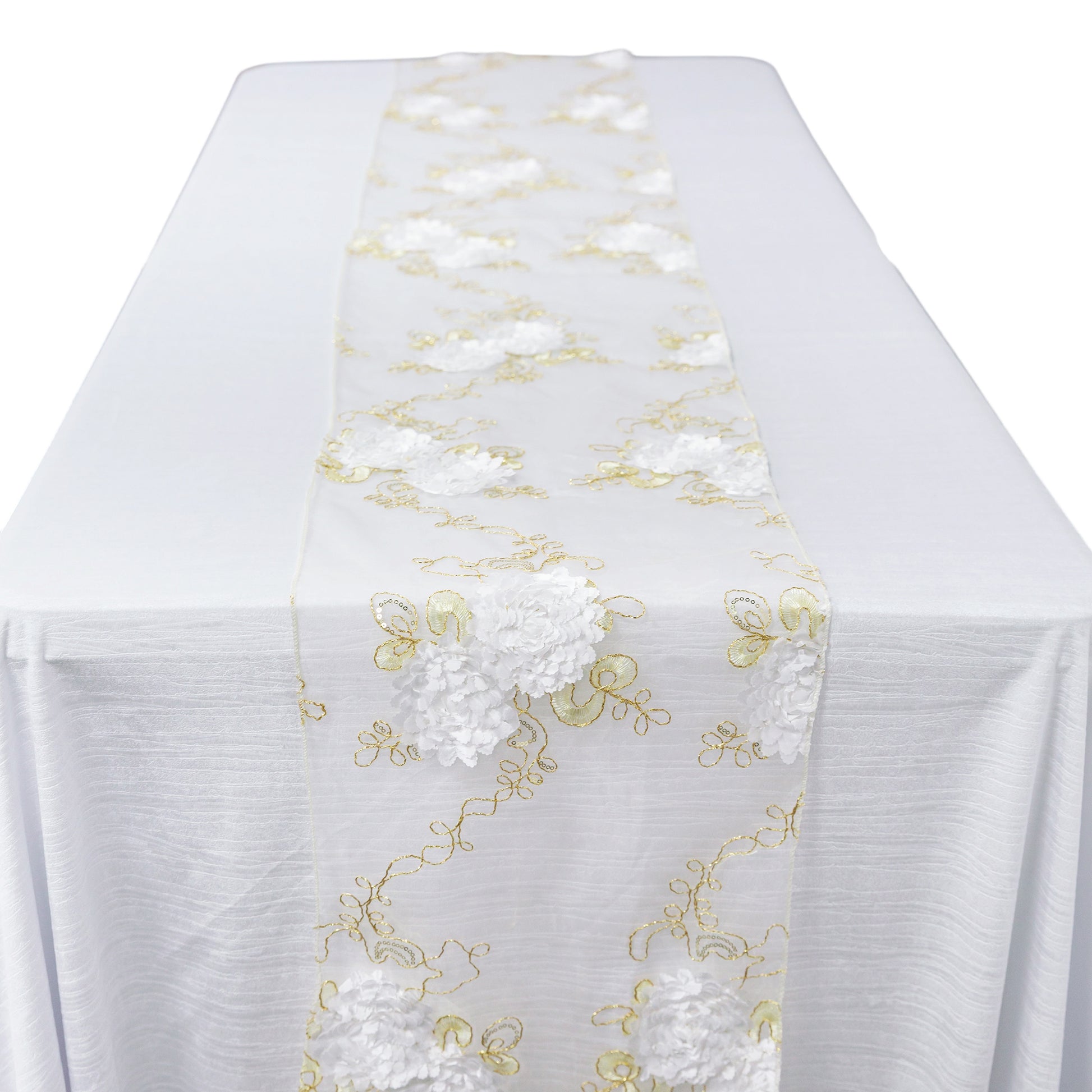 Vintage Veil Embroidery Table Runner Gold/Ivory edge view