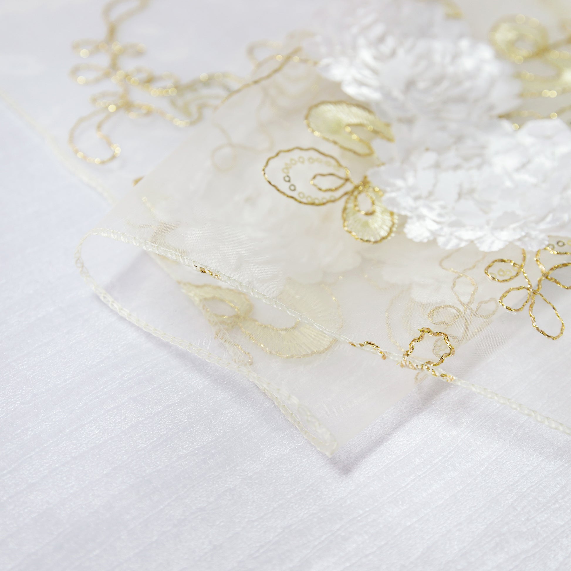 Vintage Veil Embroidery Table Runner Gold/Ivory serged edge finish