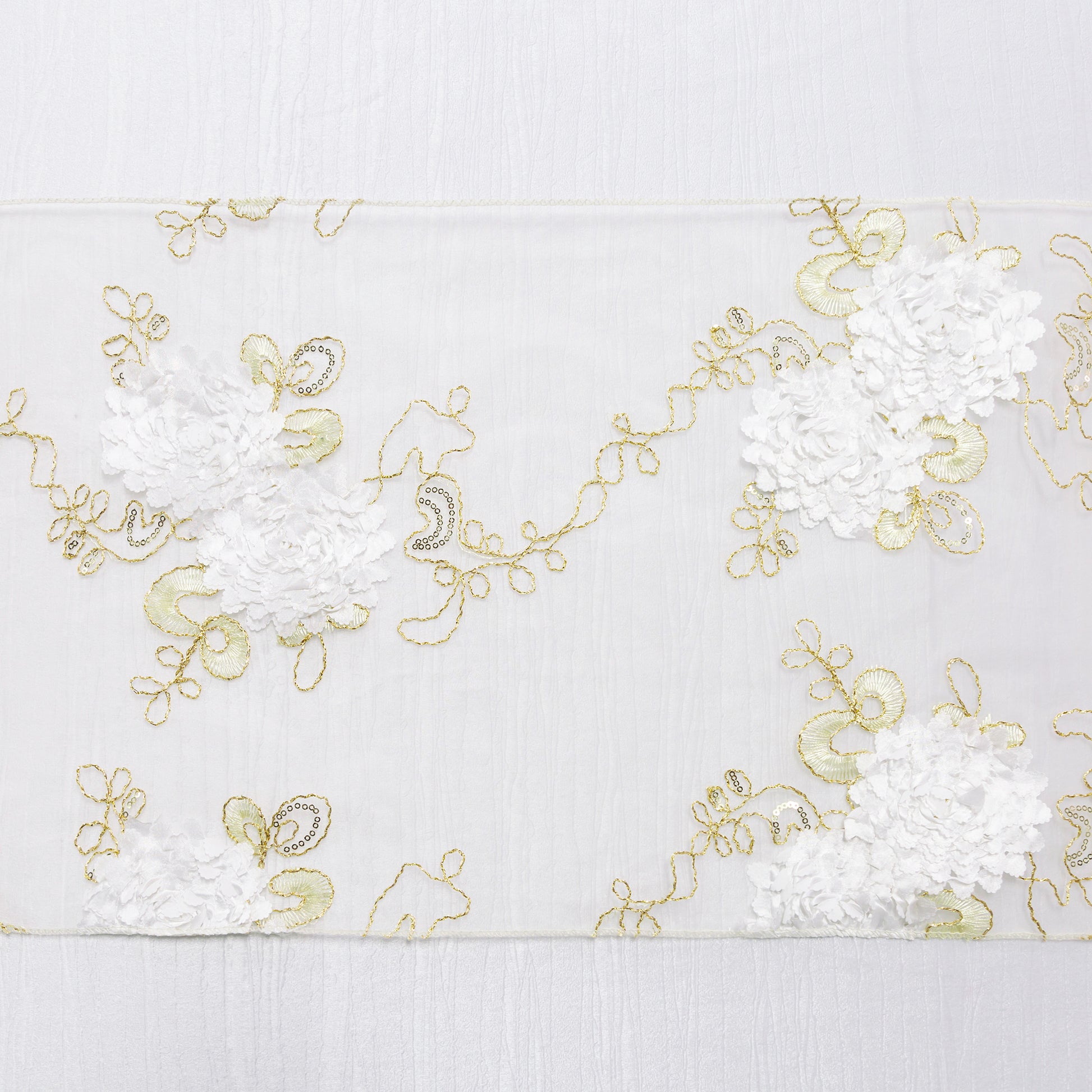 Vintage Veil Embroidery Table Runner Gold/Ivory top view