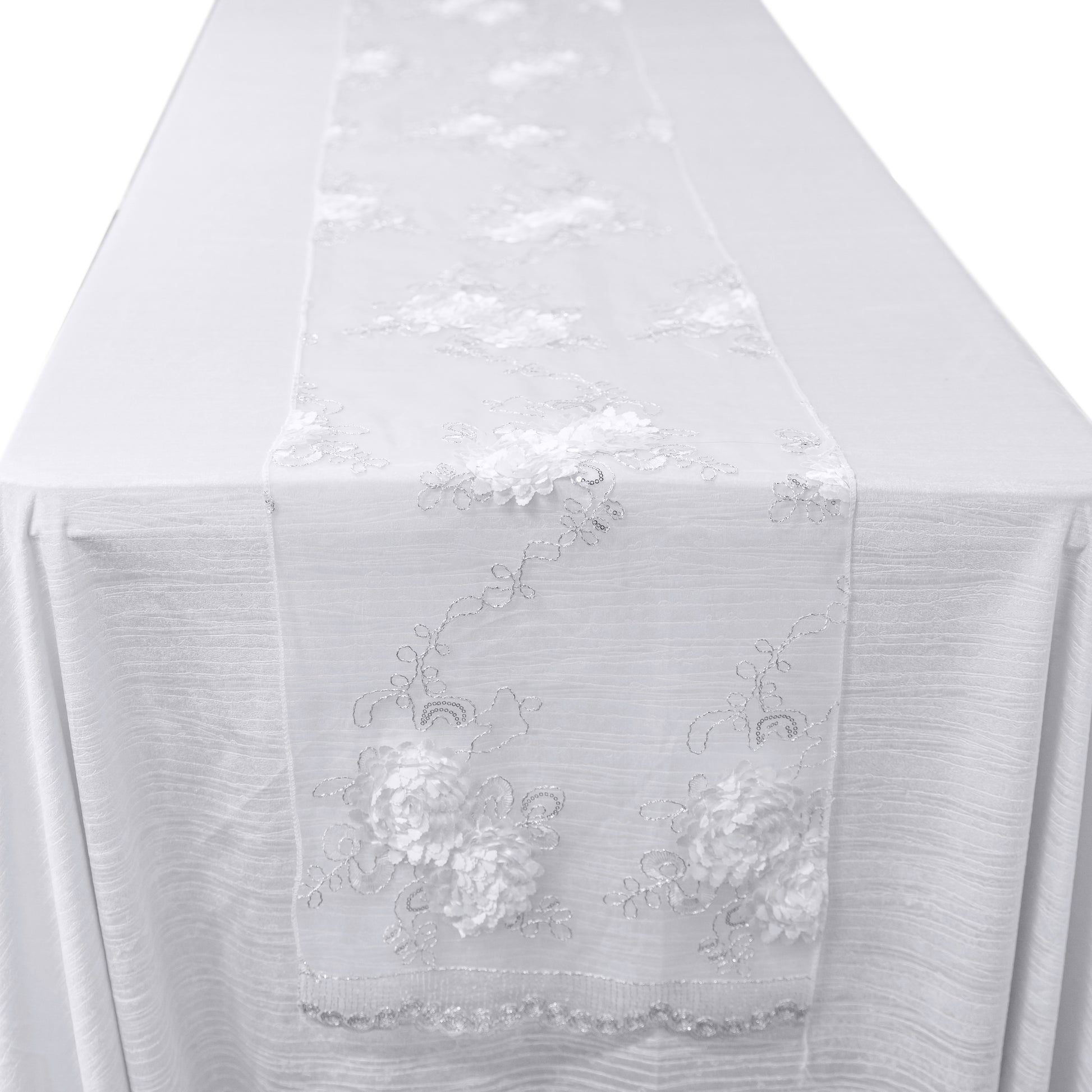 Vintage Veil Embroidery Table Runner White end hang over