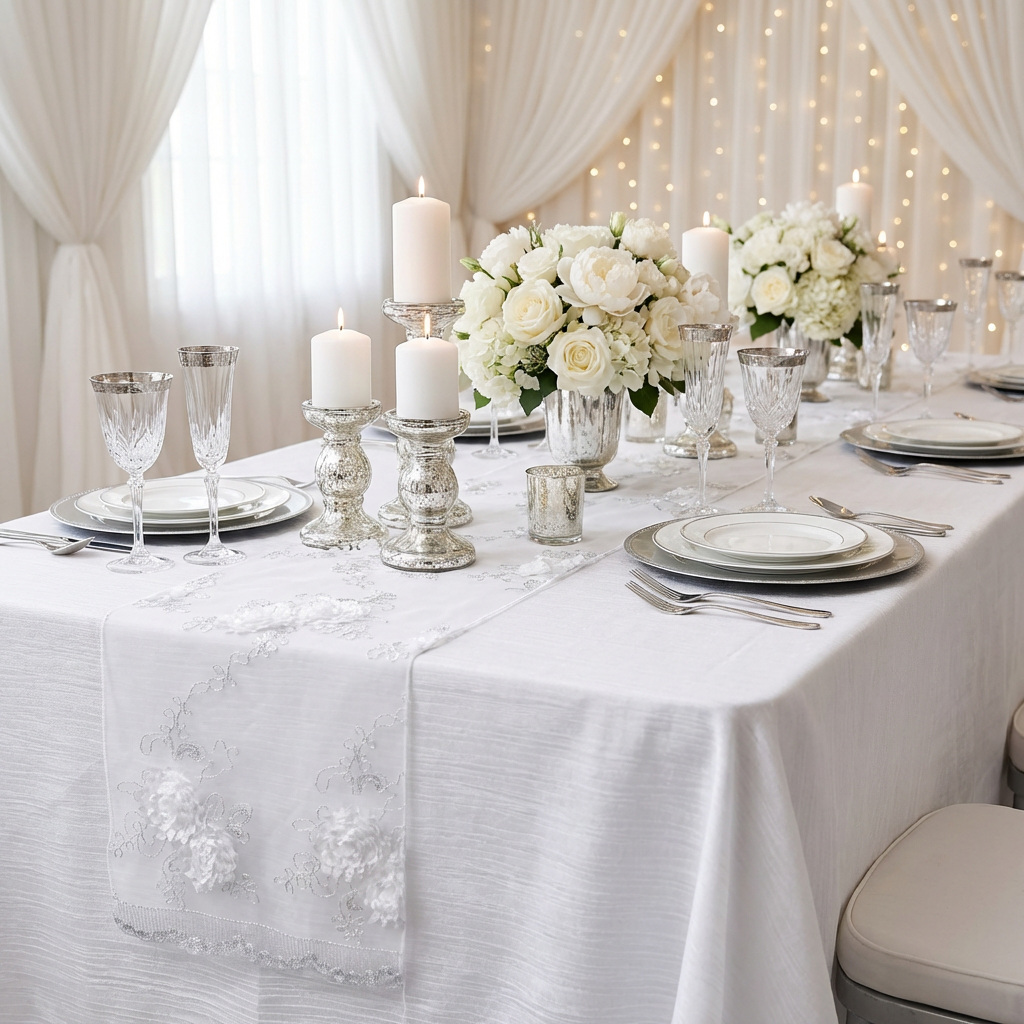 Vintage Veil Embroidery Table Runner White on top a white tablecloth with  pillar candles, white roses centepiece, LED backdrop curtain, and sheer voile drapes