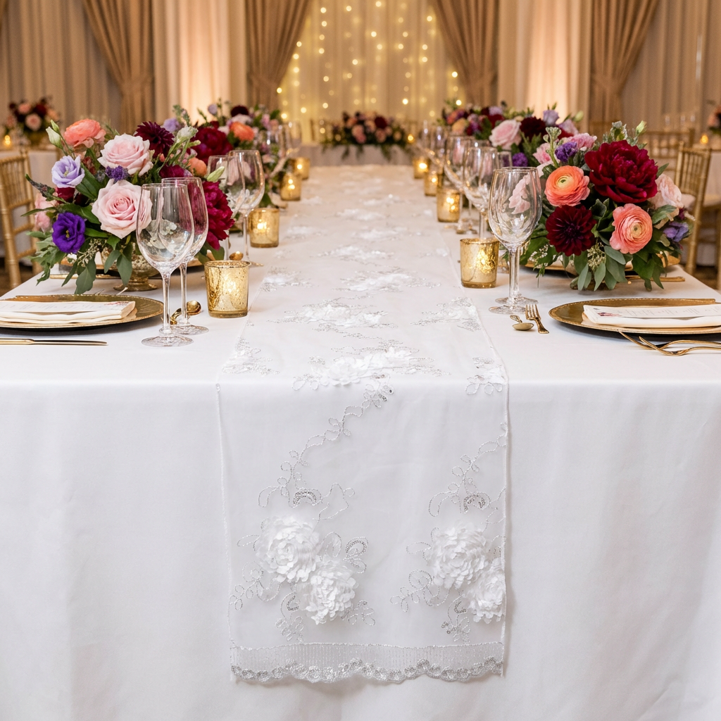 Vintage Veil Embroidery Table Runner White top of a white tablecloth for a wedding table setting, paired with colorful floral centerpieces, gold chargers, and tea light candles