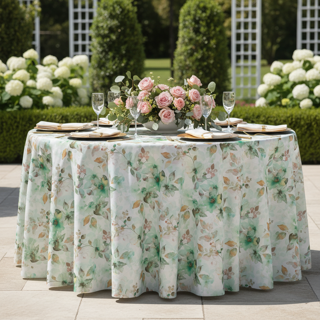 outdoor garden setup with Watercolor Floral 120" Round Tablecloth - Green