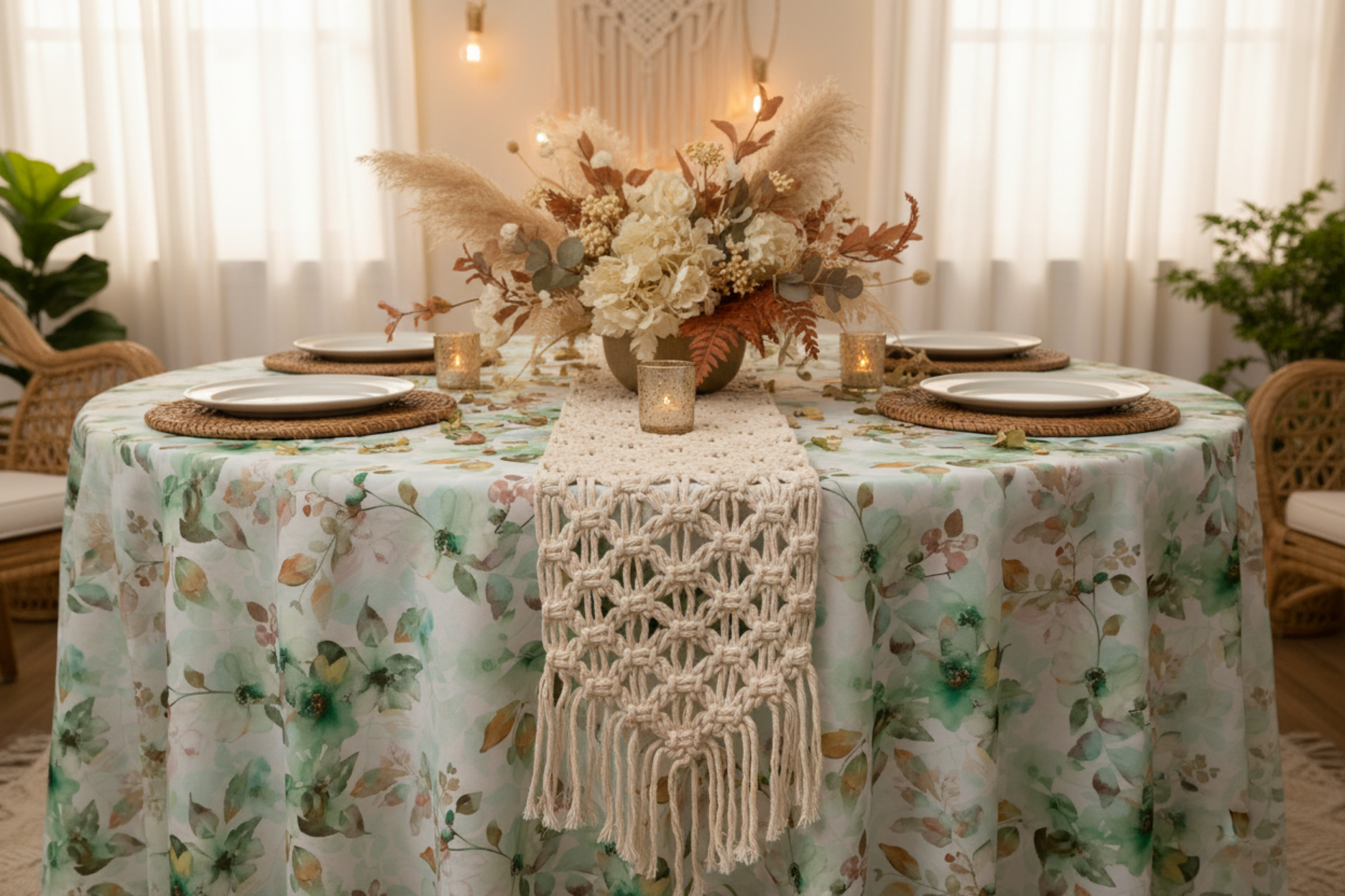 indoor baby shower setup with Watercolor Floral 120" Round Tablecloth - Green