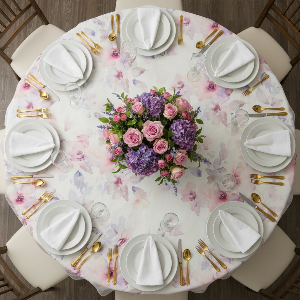 Watercolor Floral 132" Round Tablecloth - Pink