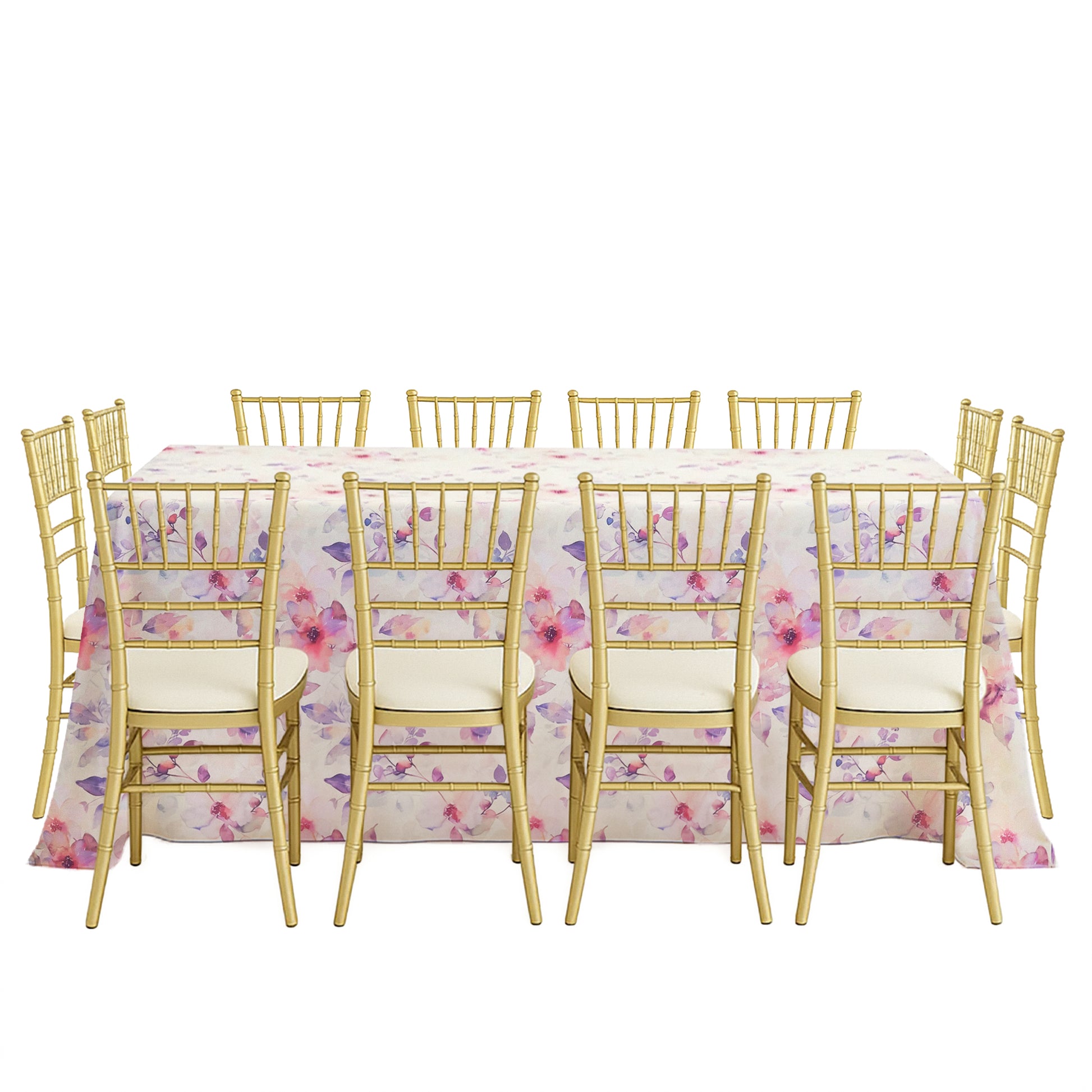 Watercolor Floral Print Rectangular Tablecloth 108"x156" Pink paried with gold chiavari chairs