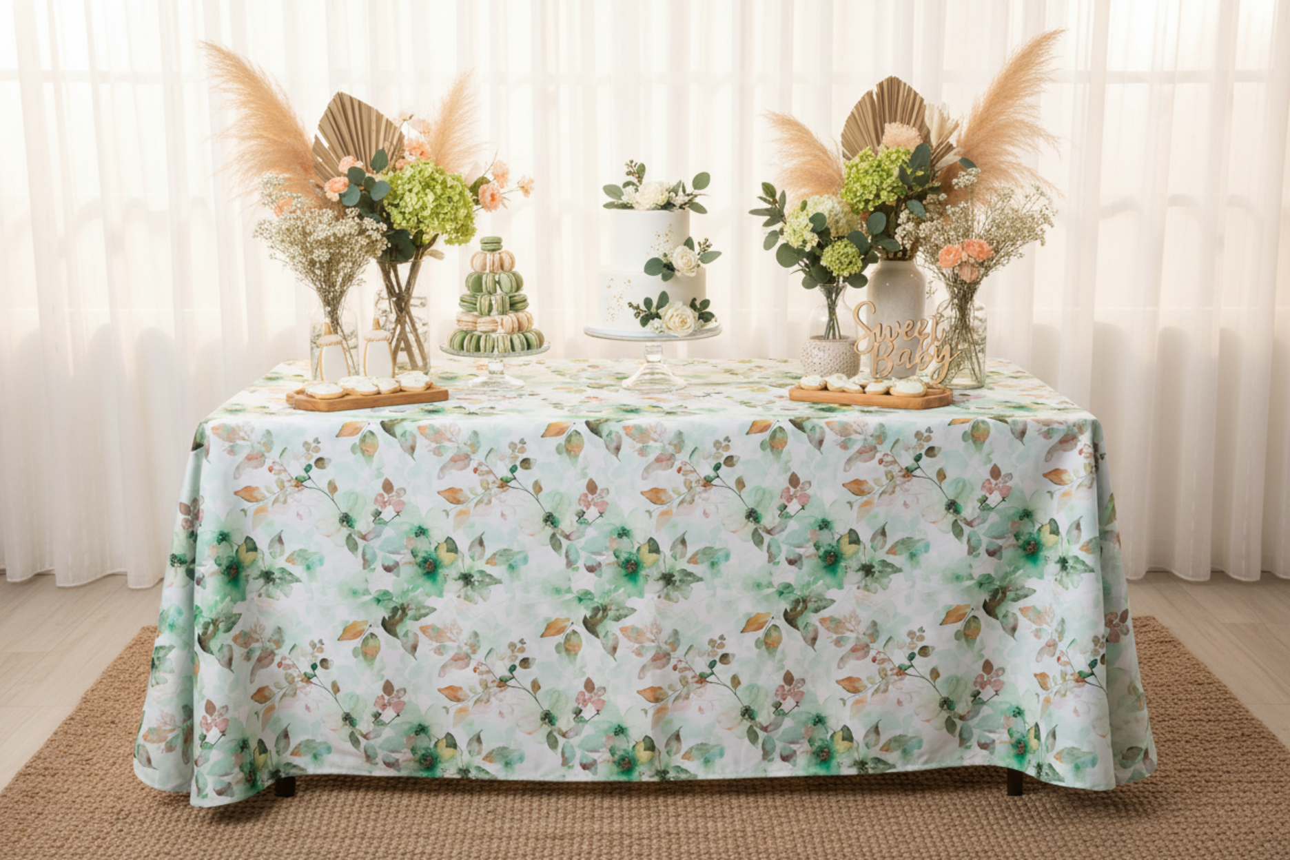 indoor baby shower with Watercolor Floral Rectangular 90"x132" Tablecloth - Green