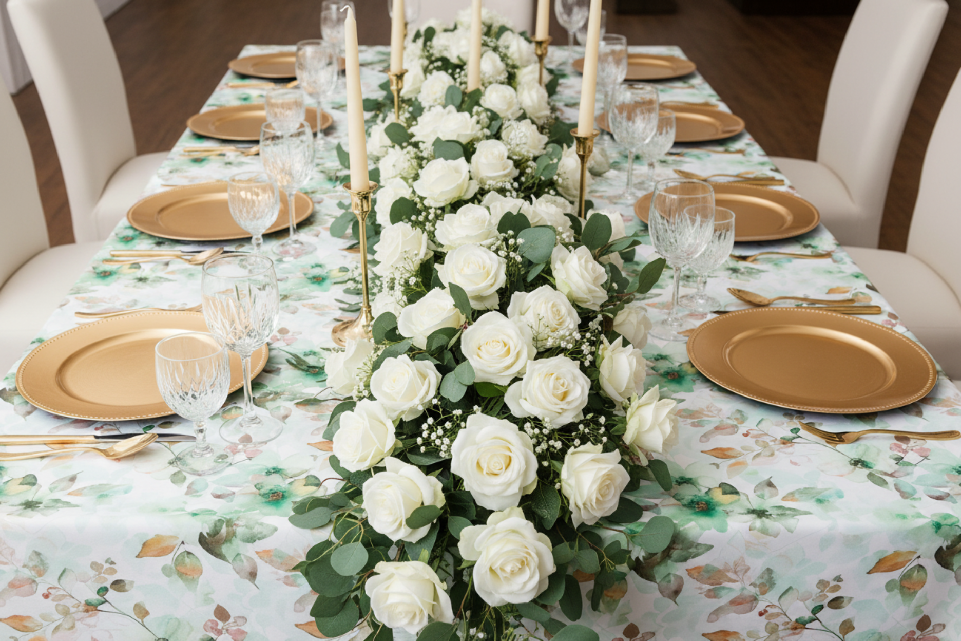 wedding table arrangement with Watercolor Floral Rectangular 90"x132" Tablecloth - Green