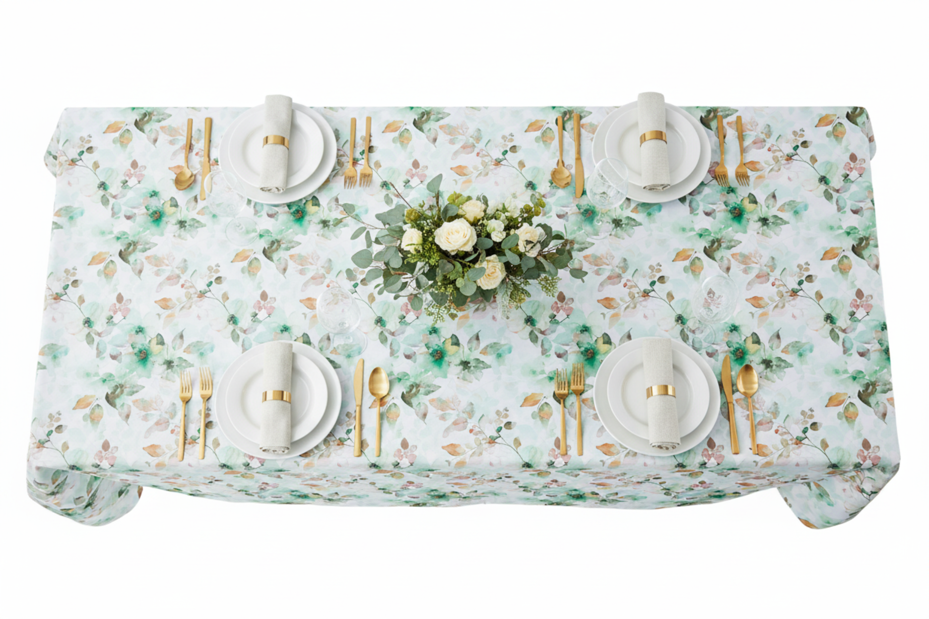 top view of Watercolor Floral Rectangular 90"x132" Tablecloth - Green