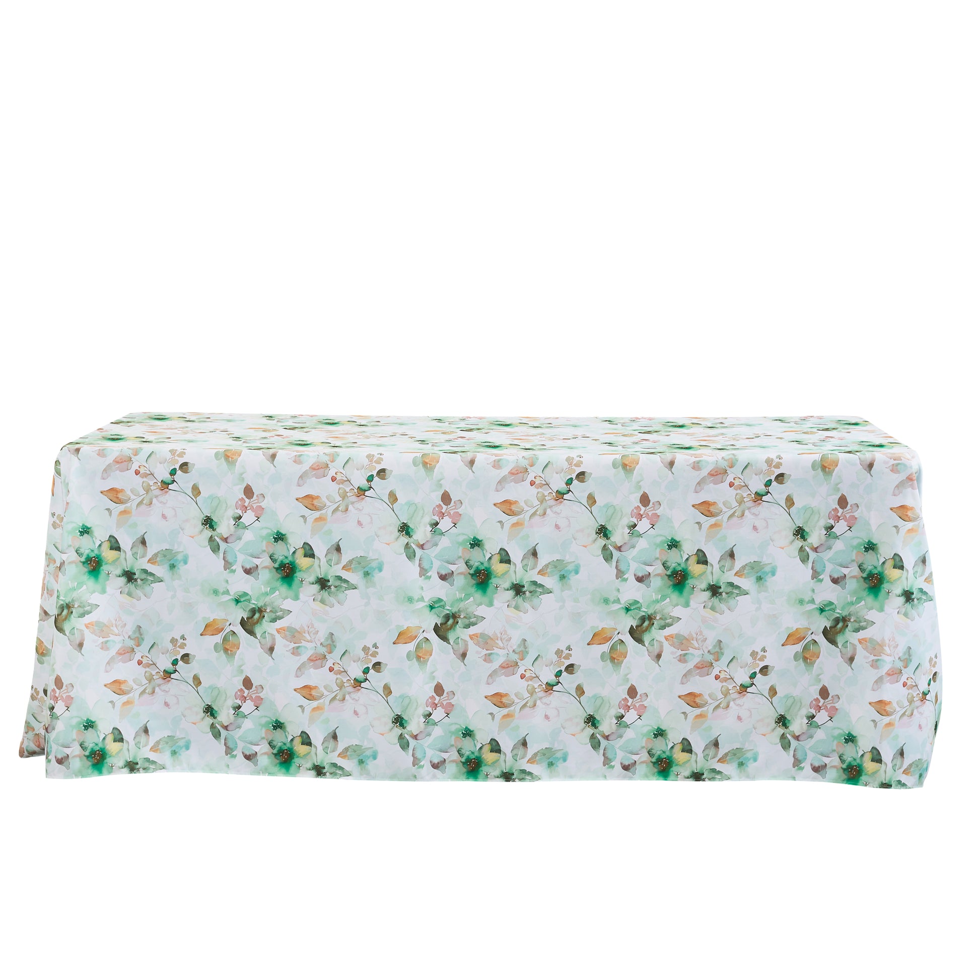Watercolor Floral Rectangular 90"x156" Tablecloth Green front view