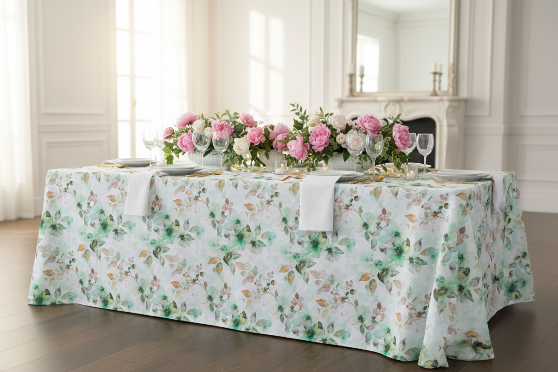 bridal setup with Watercolor Floral Rectangular 90"x156" Tablecloth - Green